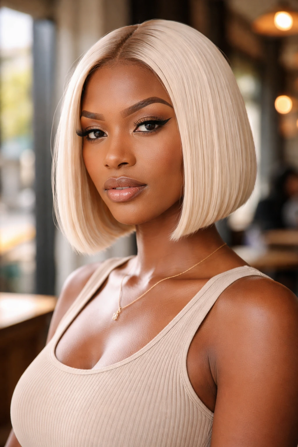 Close-up of real Black woman wearing platinum blunt bob in sunlit cafe setting.