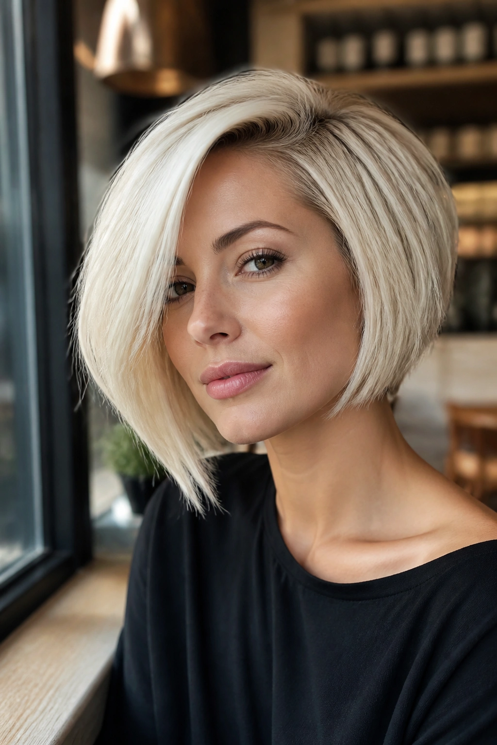 Portrait of a real woman with a platinum blonde bob and deep side sweep