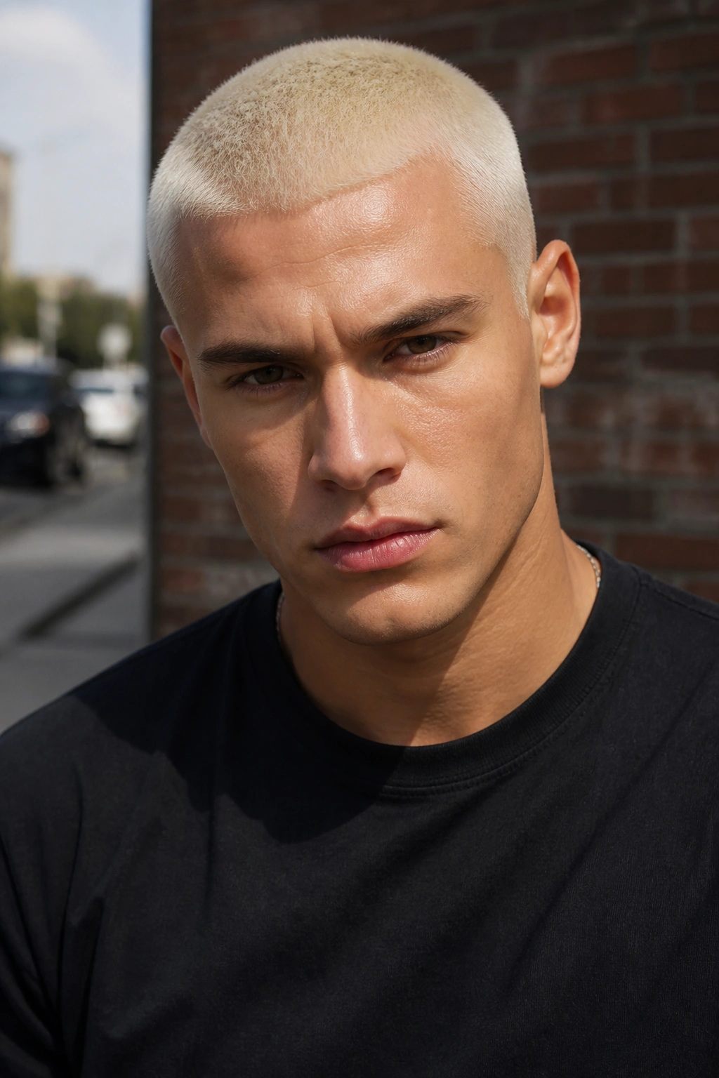 Close-up portrait of a man with a platinum blonde buzz cut in an urban outdoor setting