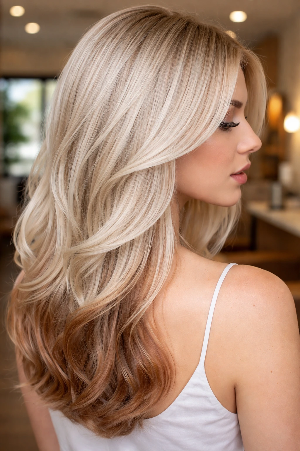 Real person with platinum base and copper lowlights in hair