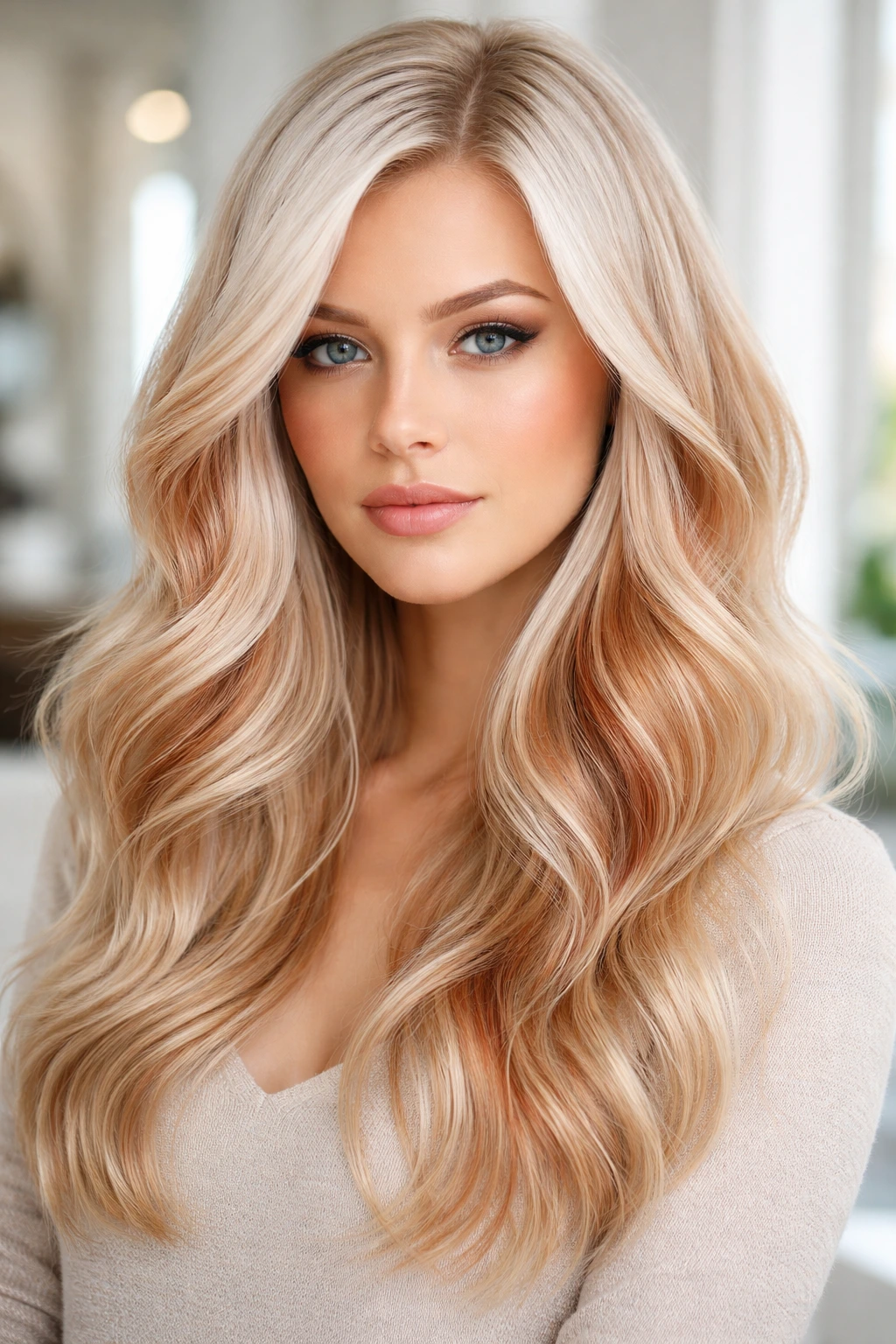 Close-up of a real person with platinum blonde hair and a copper veil through mid-lengths