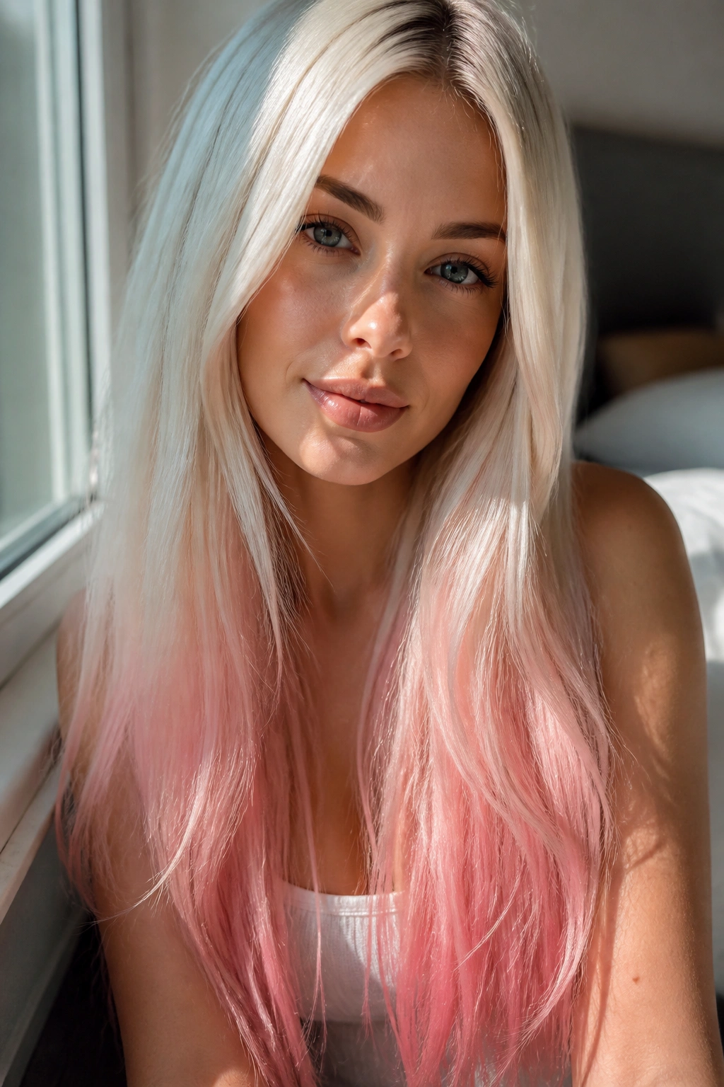 Close-up of a real woman with platinum hair and cotton candy pink tips