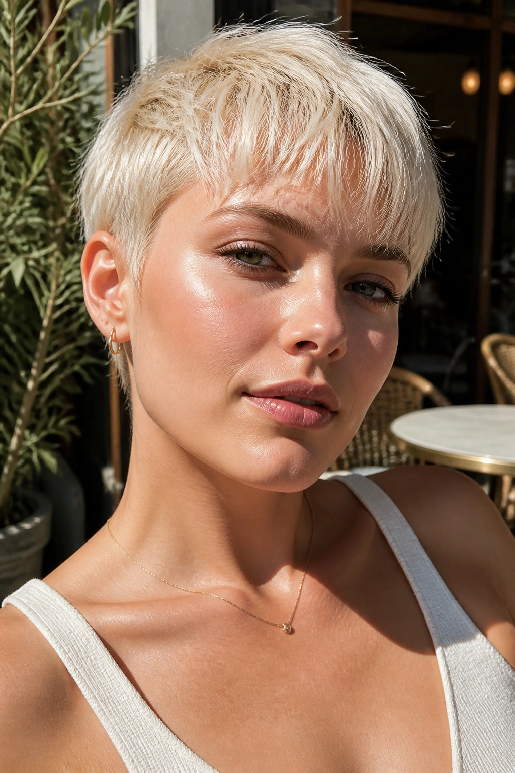 Real woman in platinum blonde crop with wispy fringe.
