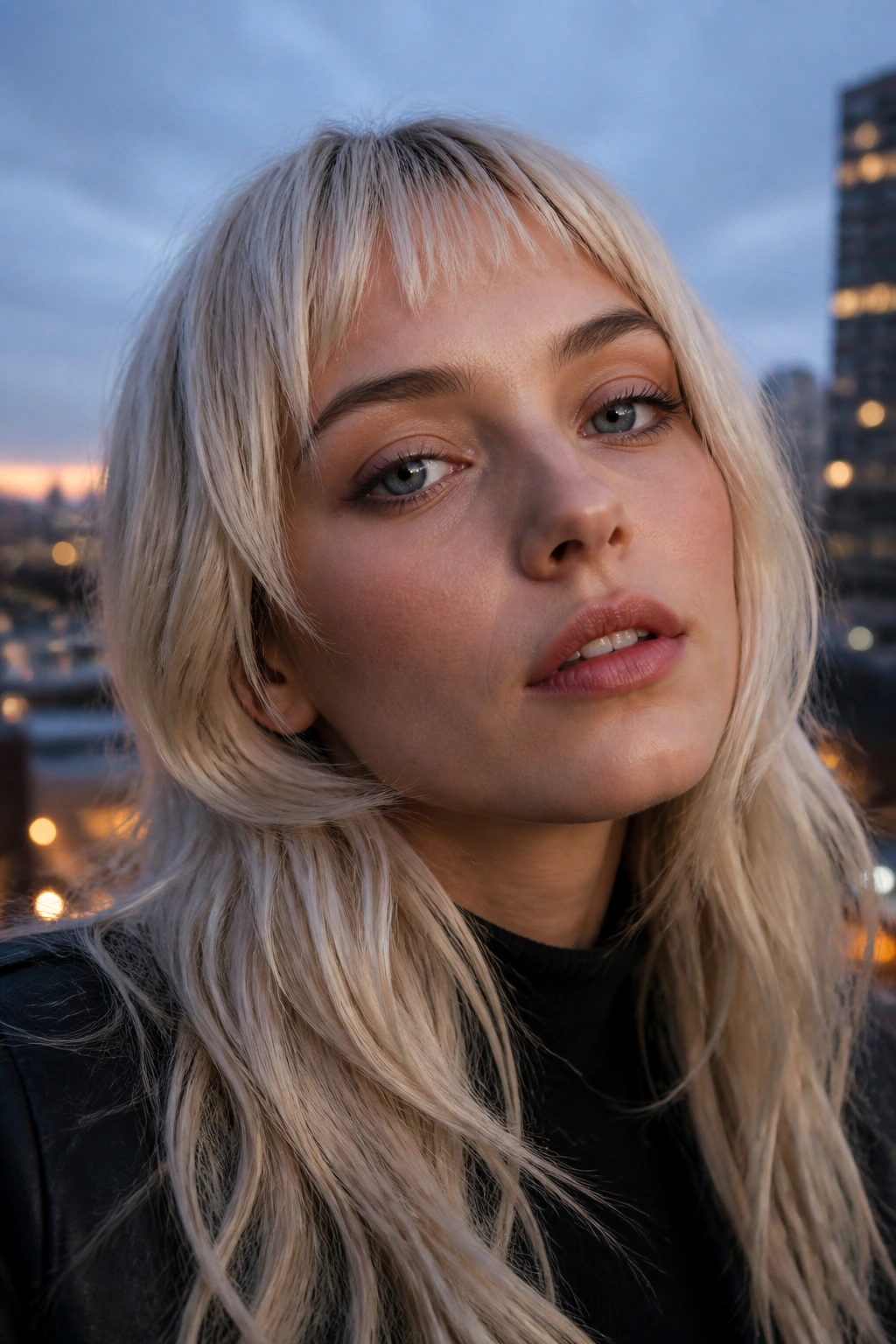 Close-up of a woman with platinum micro curtain bangs.