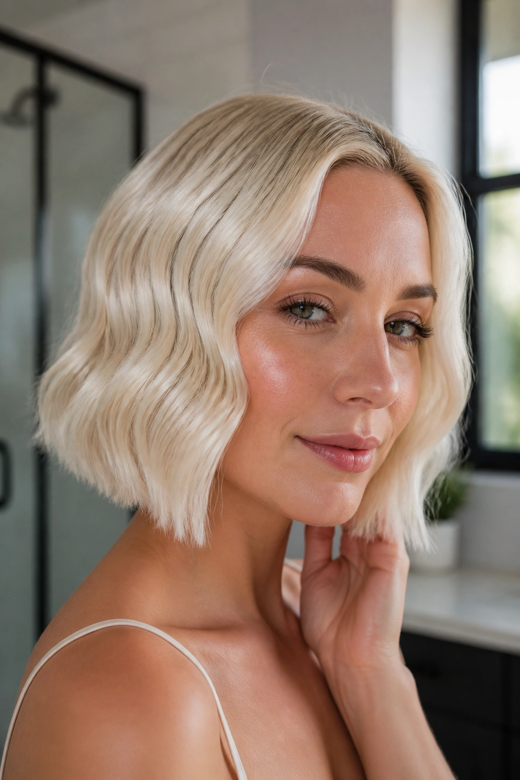 Close-up of a person with platinum blonde flat-iron bends