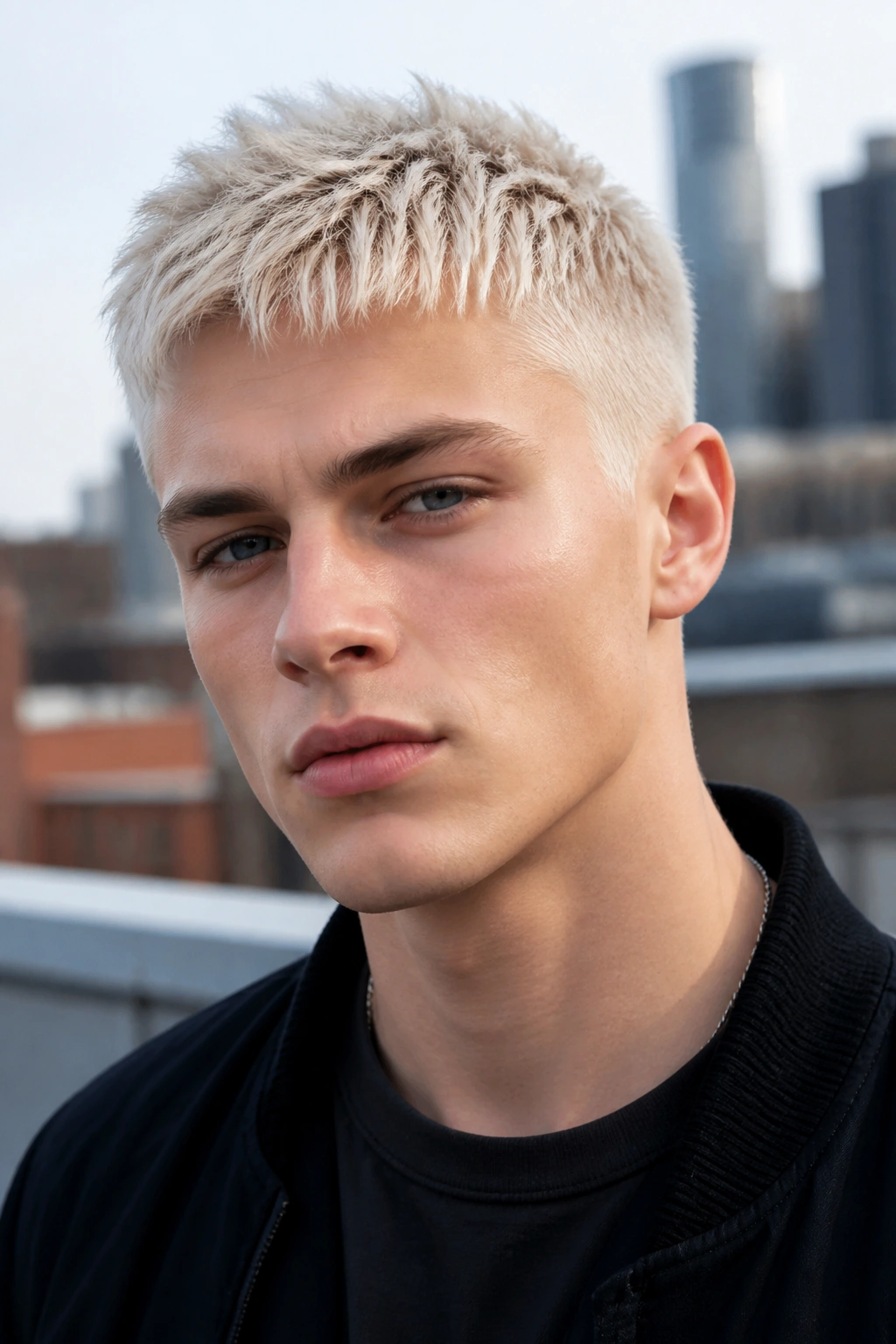 Close-up portrait of a man with platinum blonde hair on a cool rooftop