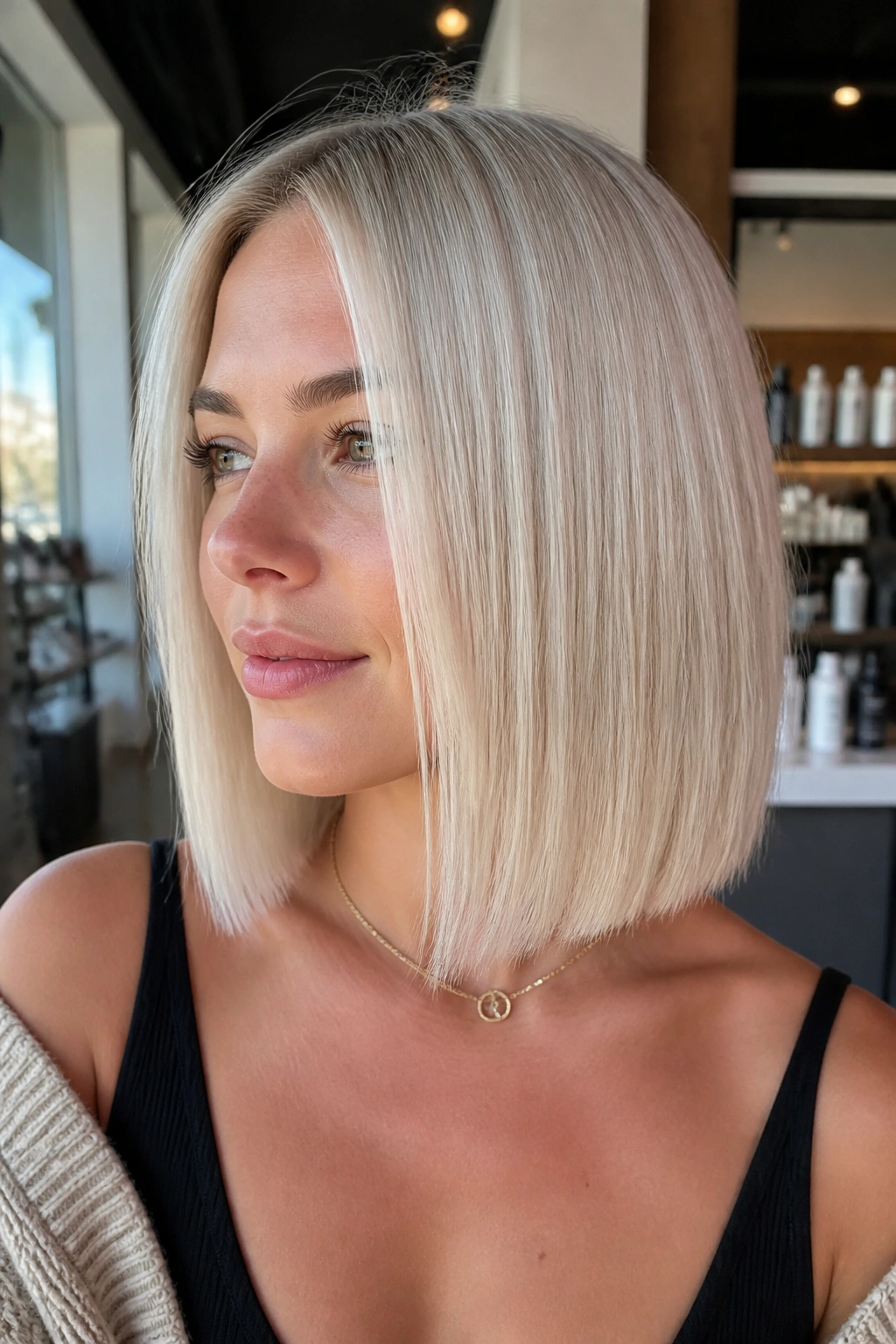 Close-up of a real woman with a platinum sleek lob in a salon setting