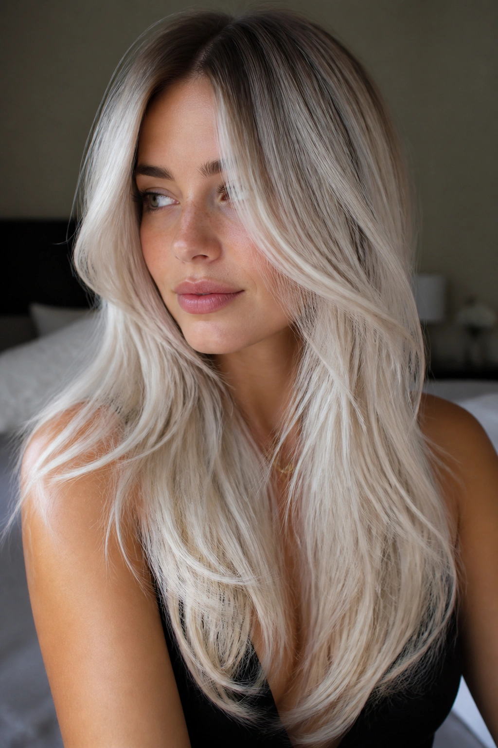 Close-up of long layered platinum melt hairstyle on a real person