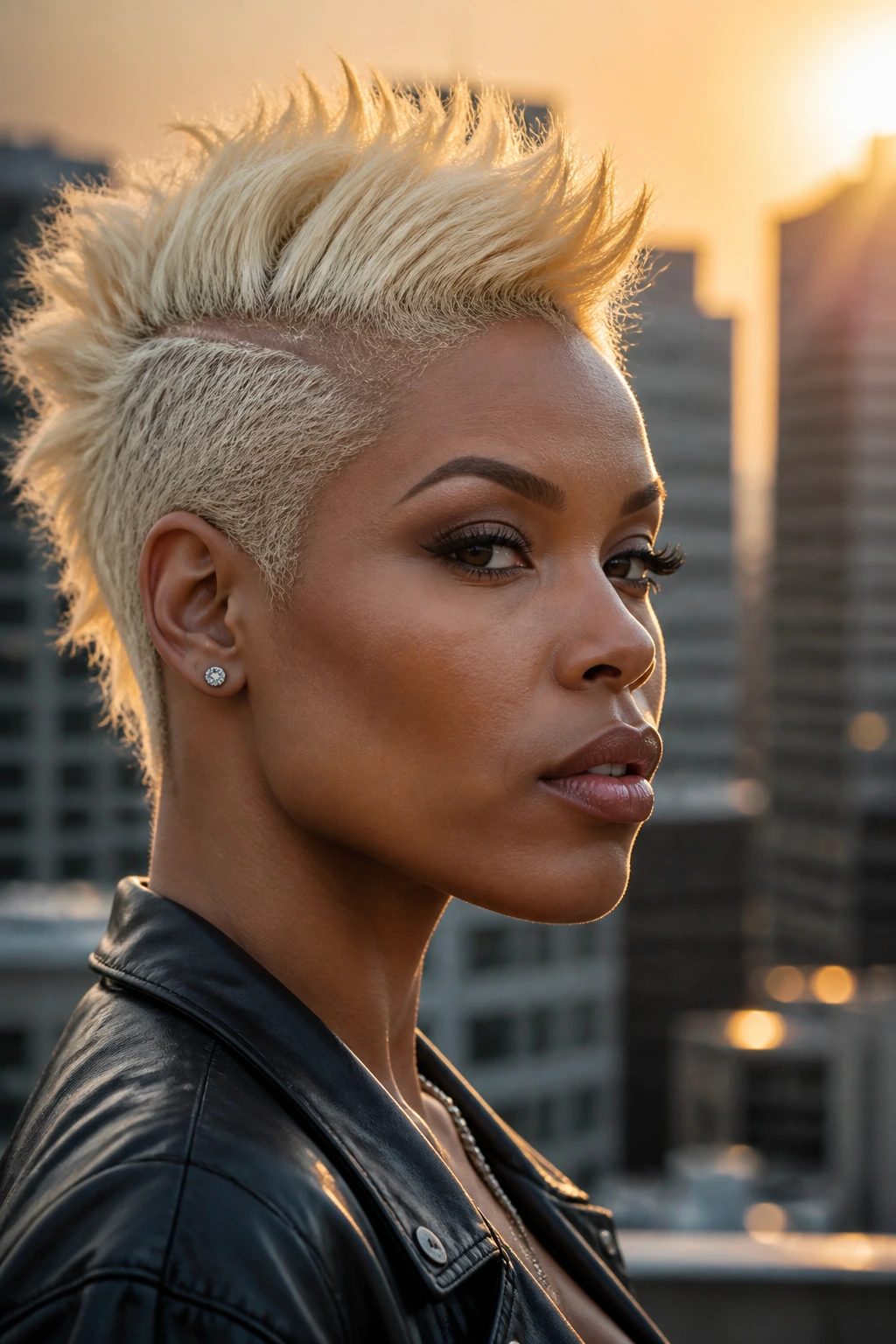 Portrait of a person with platinum blonde spiky mohawk on a rooftop at sunset