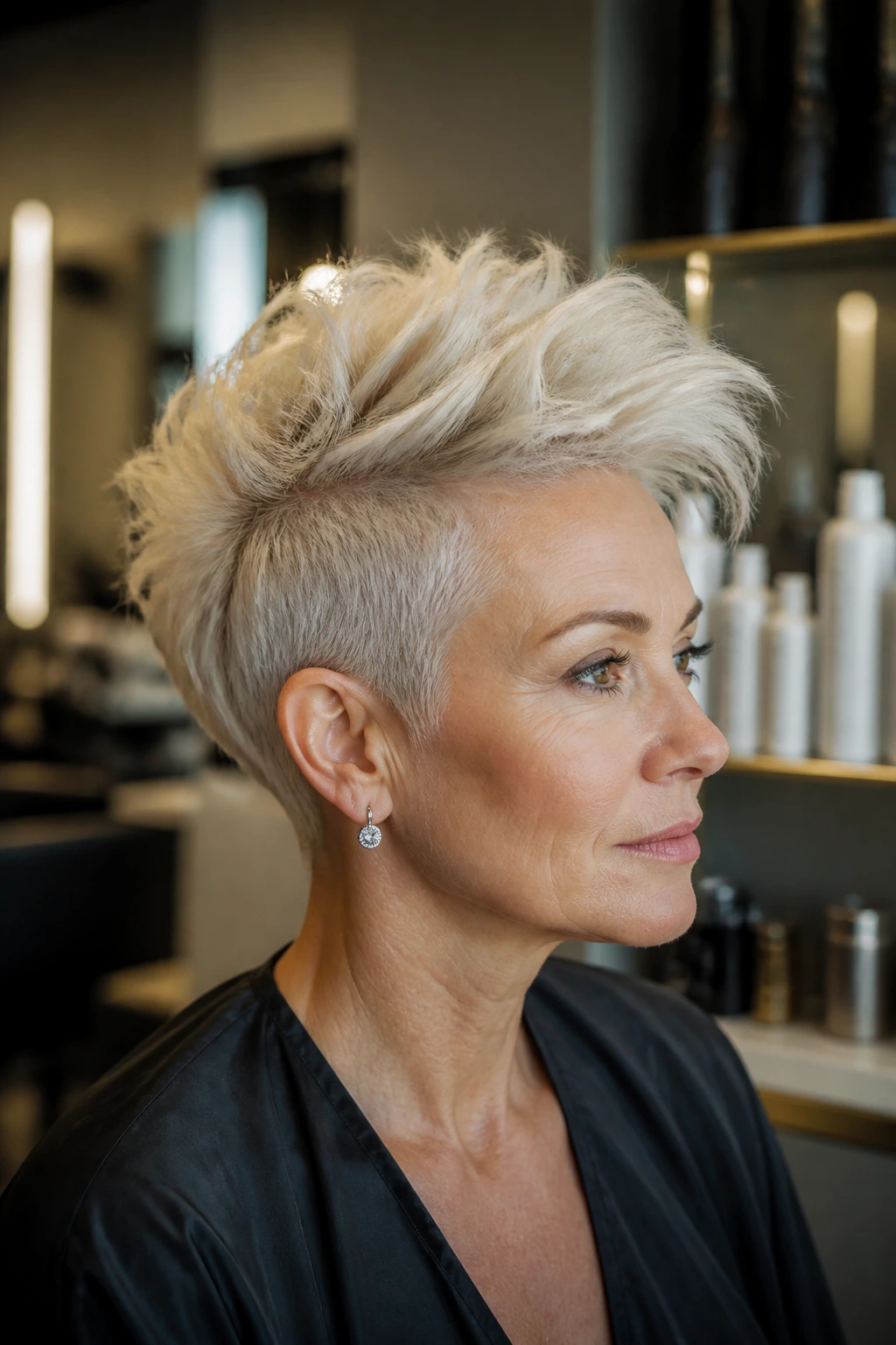 Close-up of a real woman with platinum blonde textured crop mohawk in a salon.