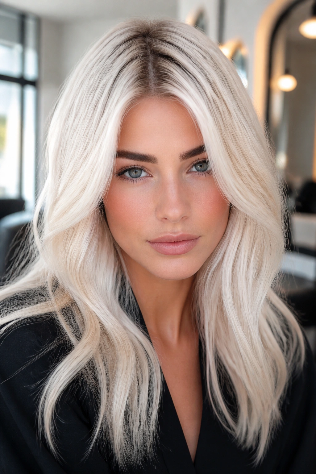 Close-up portrait of a real woman with platinum blonde hair in a sunlit interior.