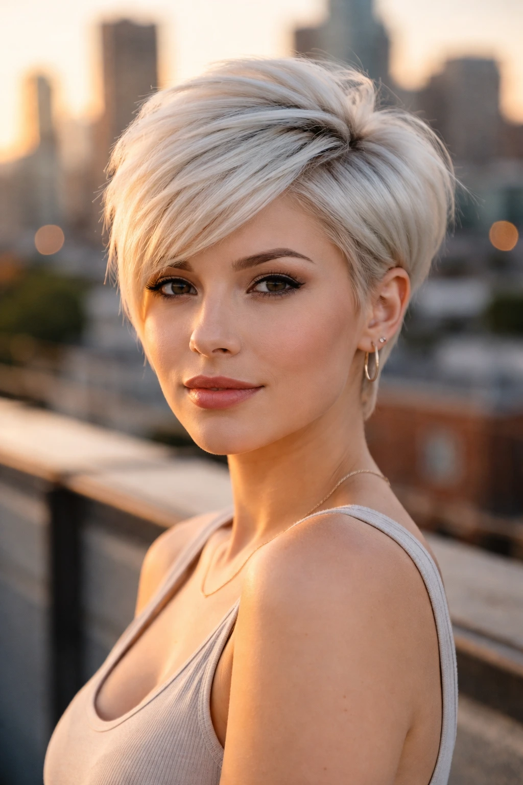 Close-up of a woman with platinum blonde hair in a pixie cut on a city rooftop at golden hour