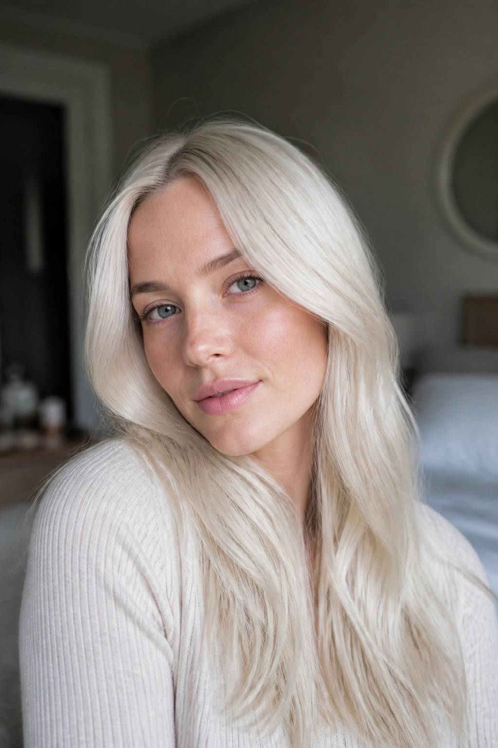 Close-up portrait of a real person with platinum blonde hair and cool undertones in natural window light