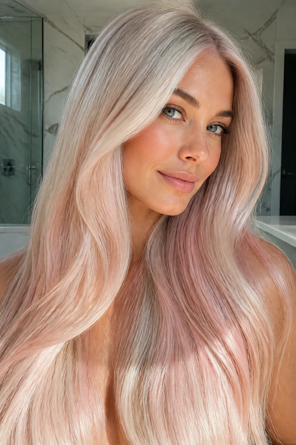 Close-up of platinum blonde hair with a sheer rose gold wash
