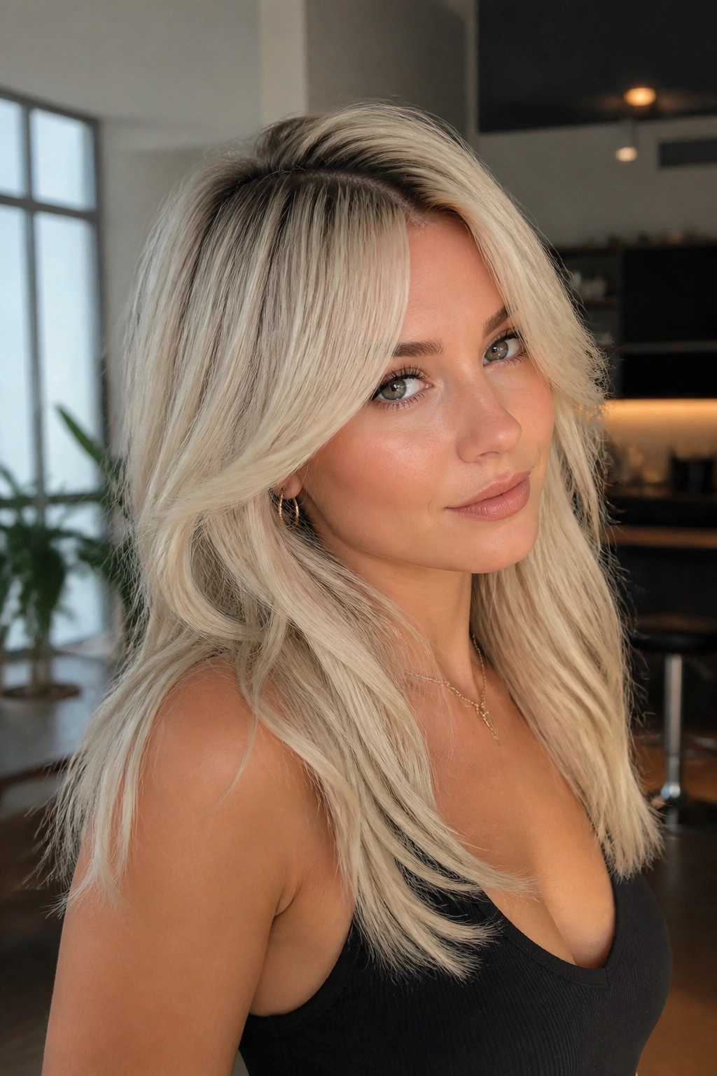 Close-up of a woman with split platinum blonde bangs and deep side part