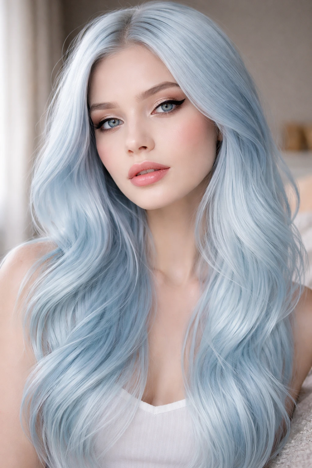 Close-up portrait of a real woman with icy platinum blue hair in window light.
