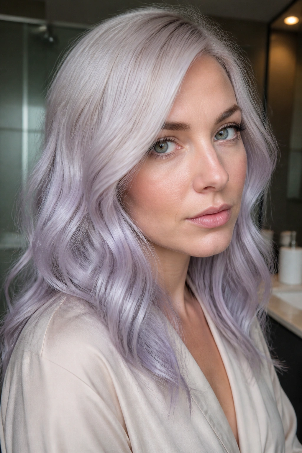 Close-up portrait of a real person with platinum hair and blue-violet wash