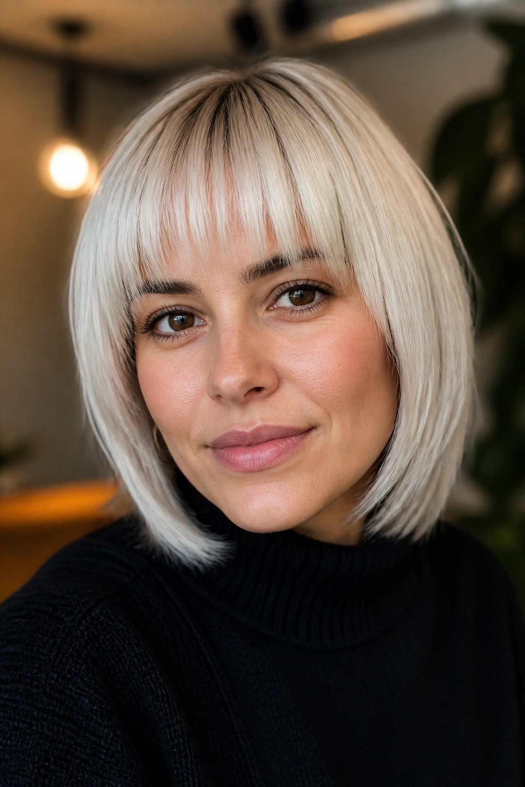 Real person with platinum blunt bangs and beveled ends