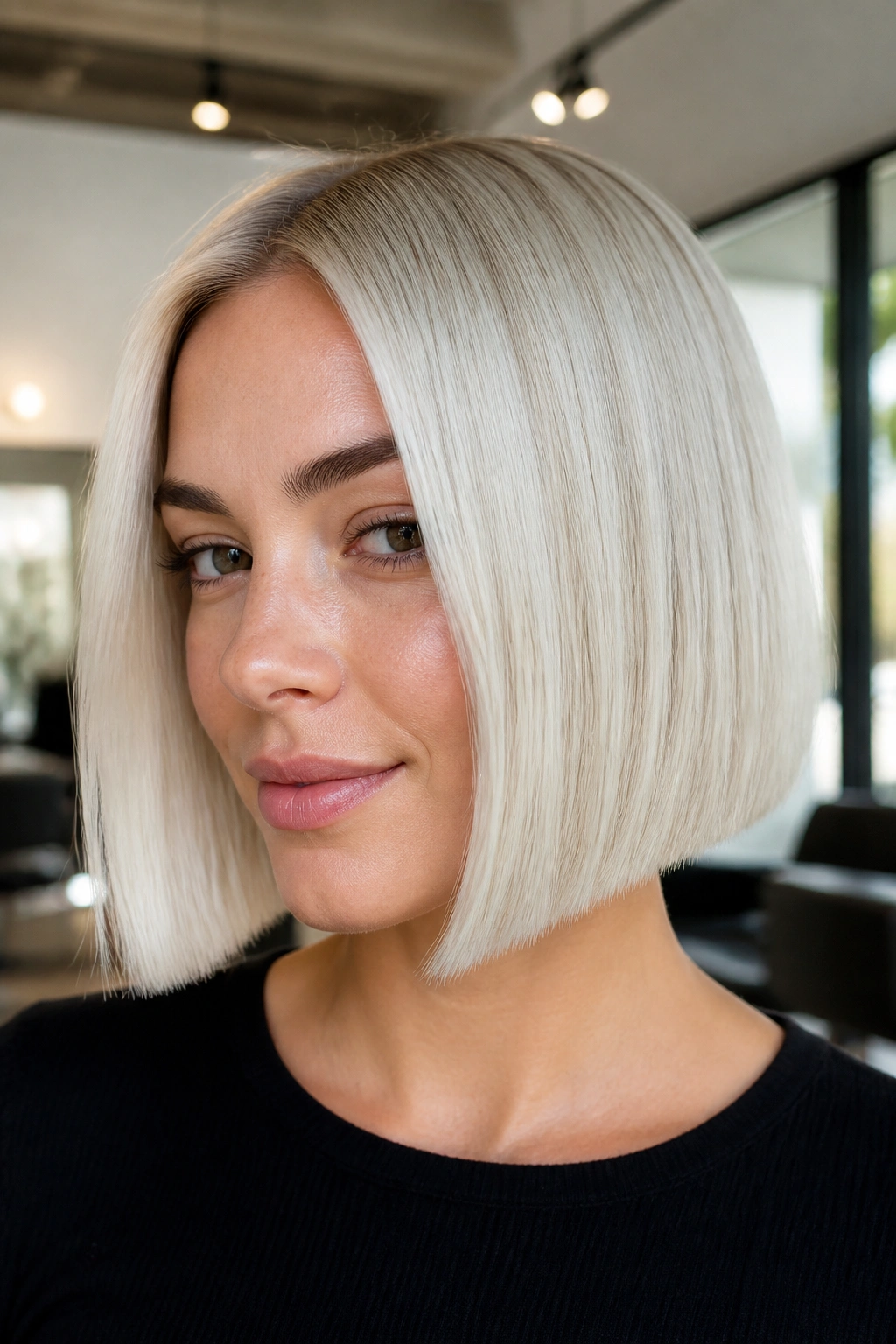 Close-up portrait of a real woman with a platinum blunt bob and minimal layers.