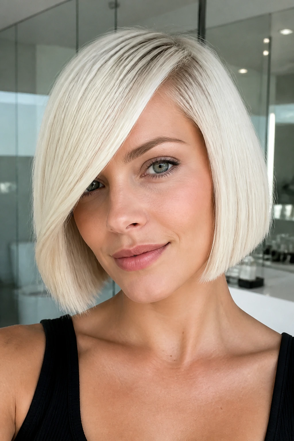 Portrait of a real woman with platinum blunt bob and side sweep