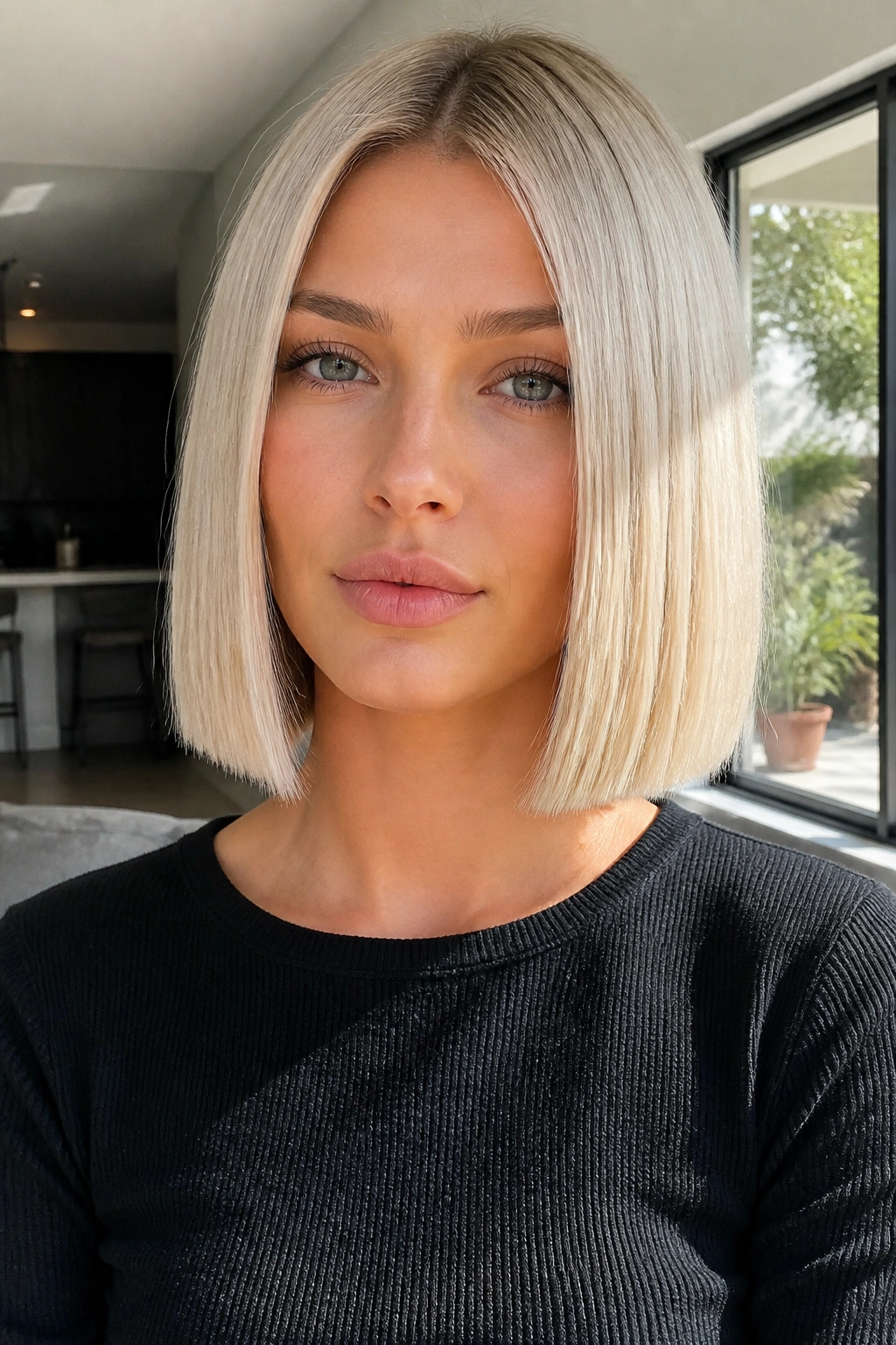 Close-up portrait of a real woman with a soft platinum blunt cut and glass finish.