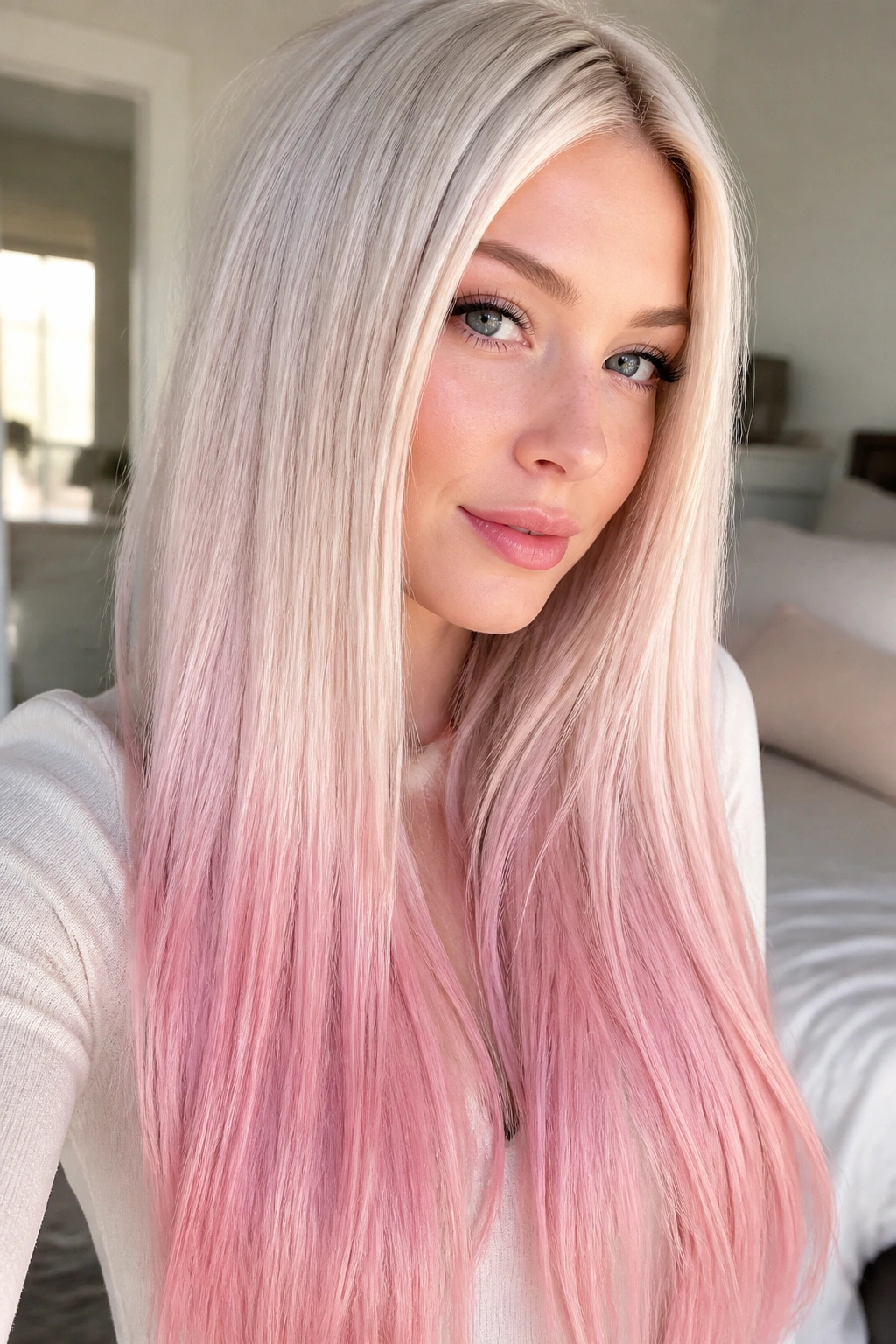 Close-up portrait of a real woman with platinum to blush pink long ombre hair.
