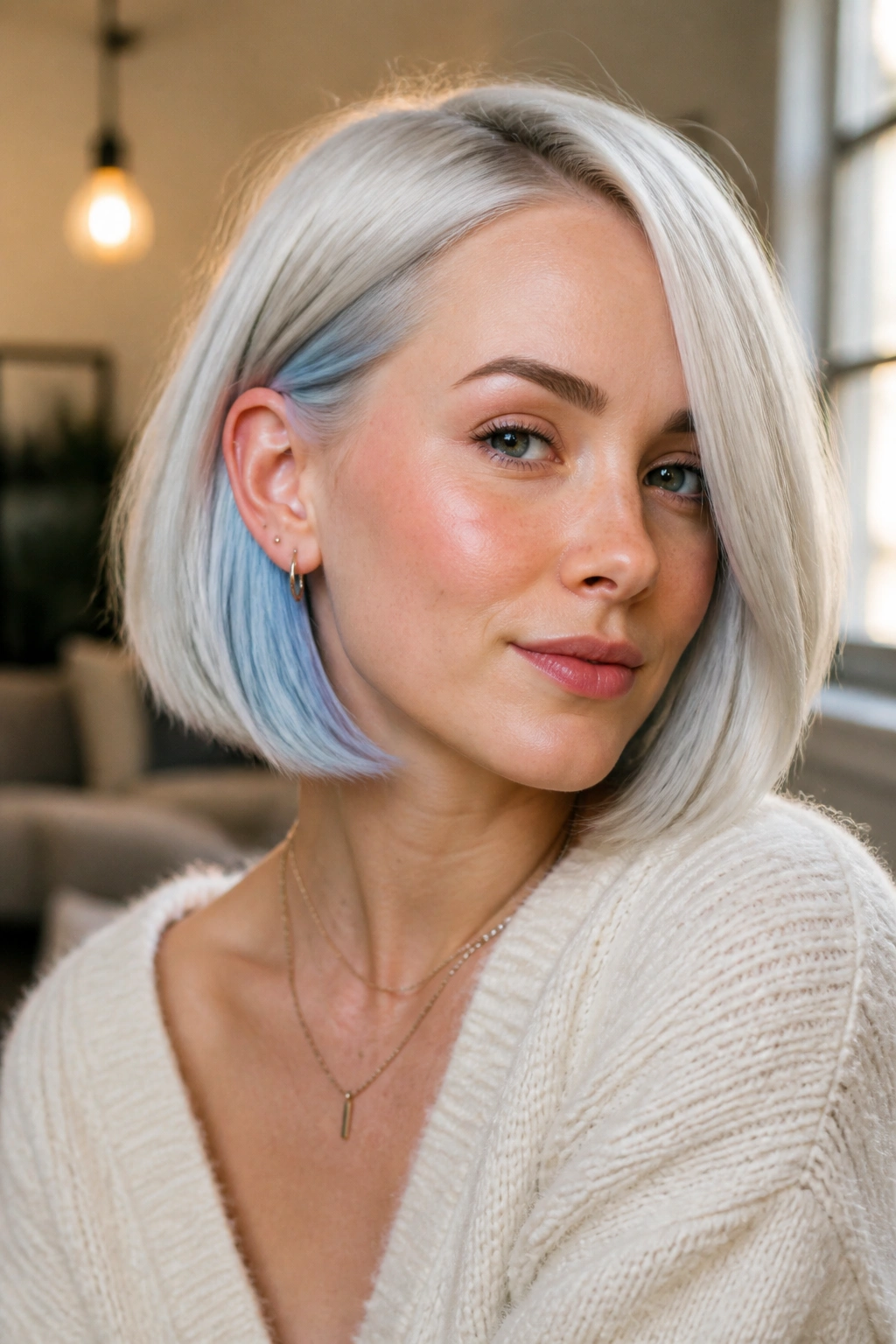 Portrait of a woman showing a platinum bob with a baby blue underlayer peeking through
