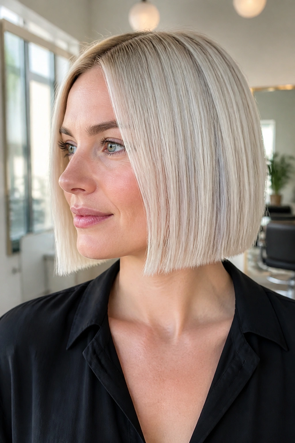 Close-up portrait of a real woman with a blunt chin-length platinum bob and cool platinum color
