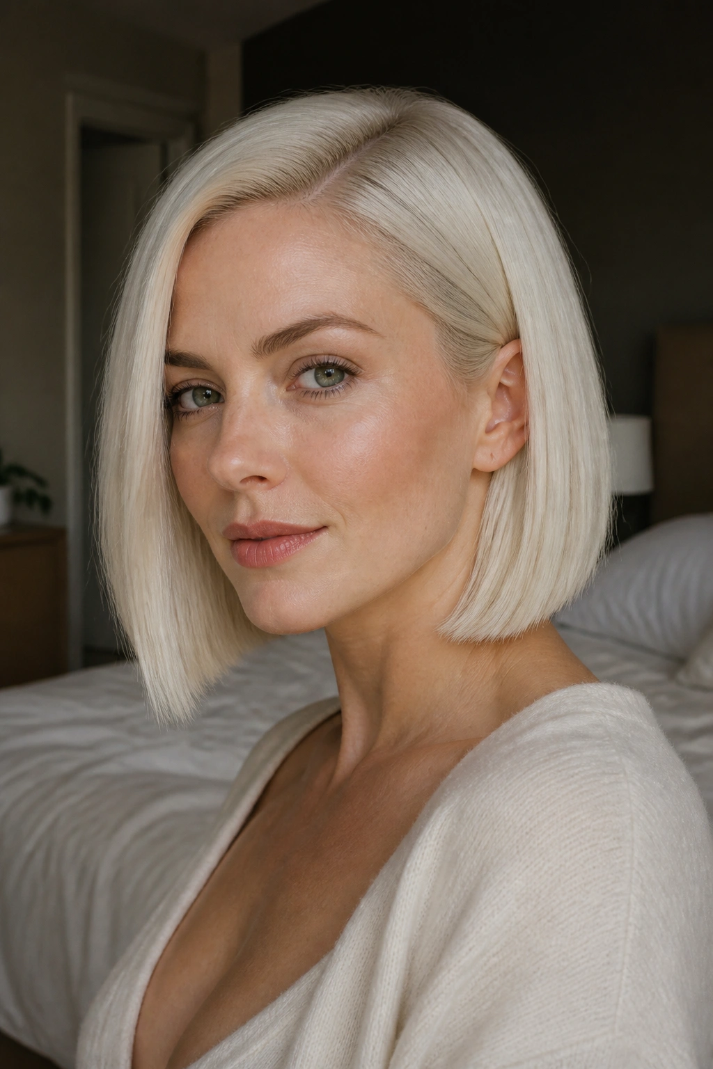 Close-up of a real woman with an icy platinum blunt bob and soft side part