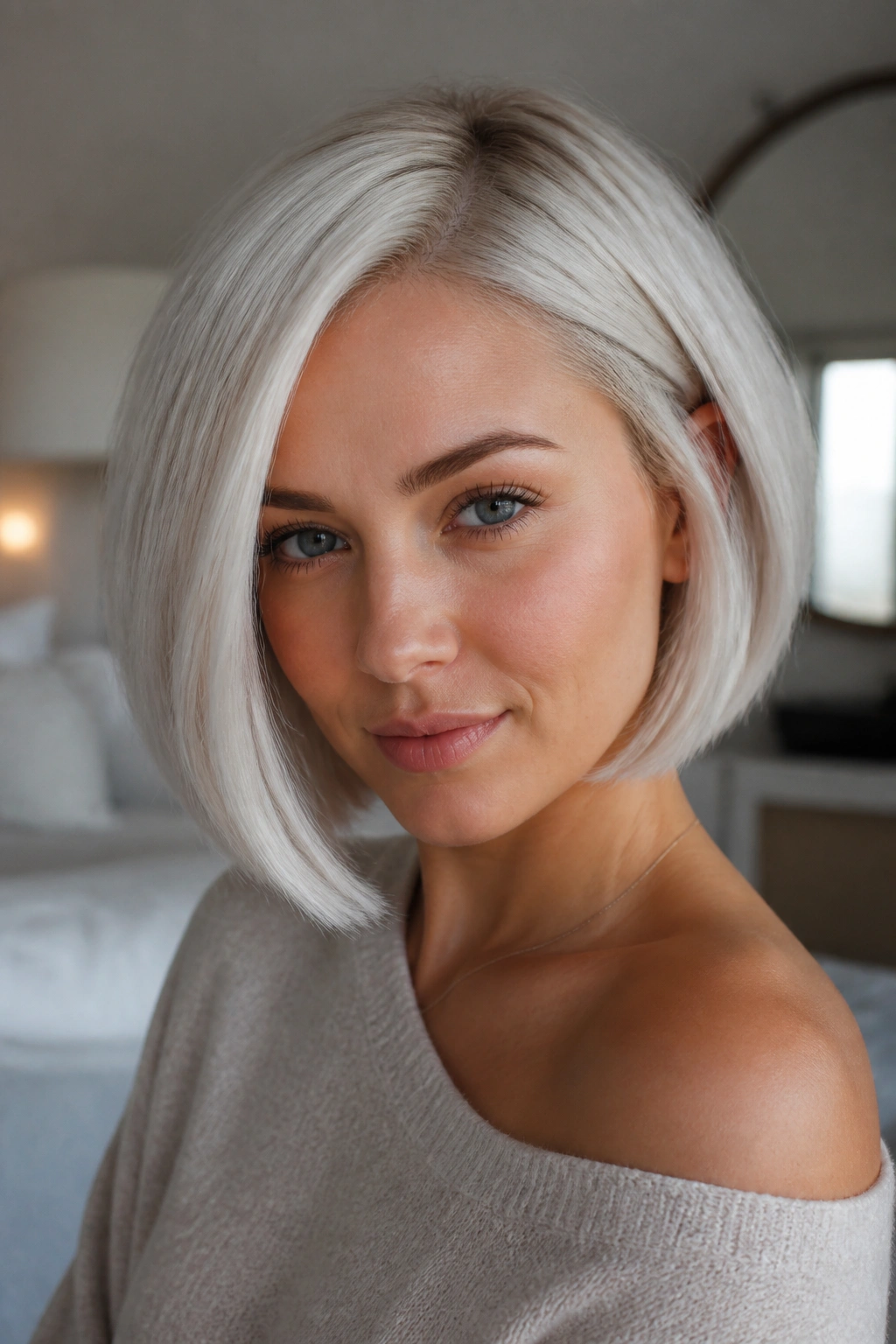 Close-up of a real woman with an icy platinum blunt bob and soft side part