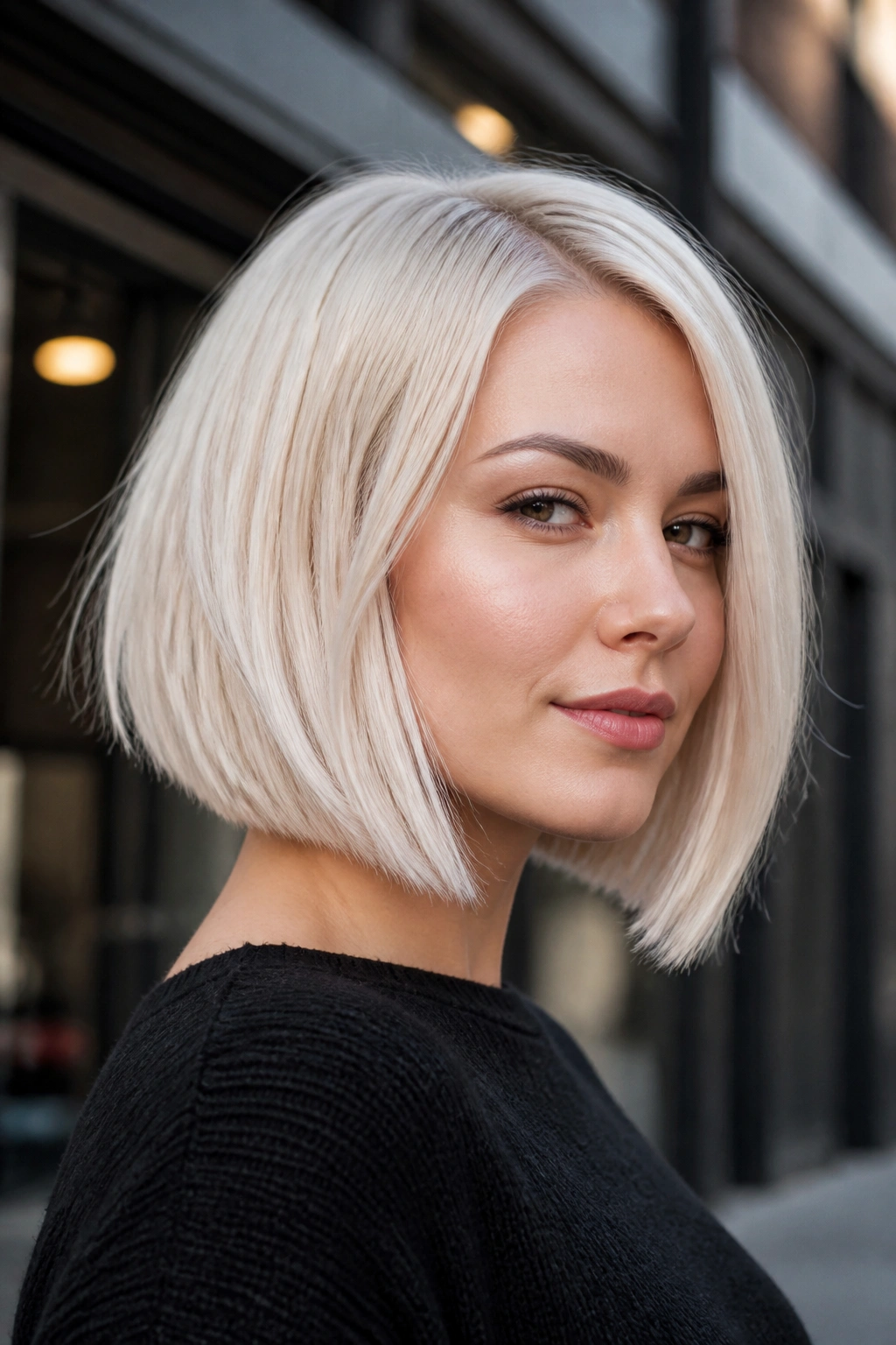 Close-up of a real person with chin-skimming platinum bob angled to emphasize the jawline