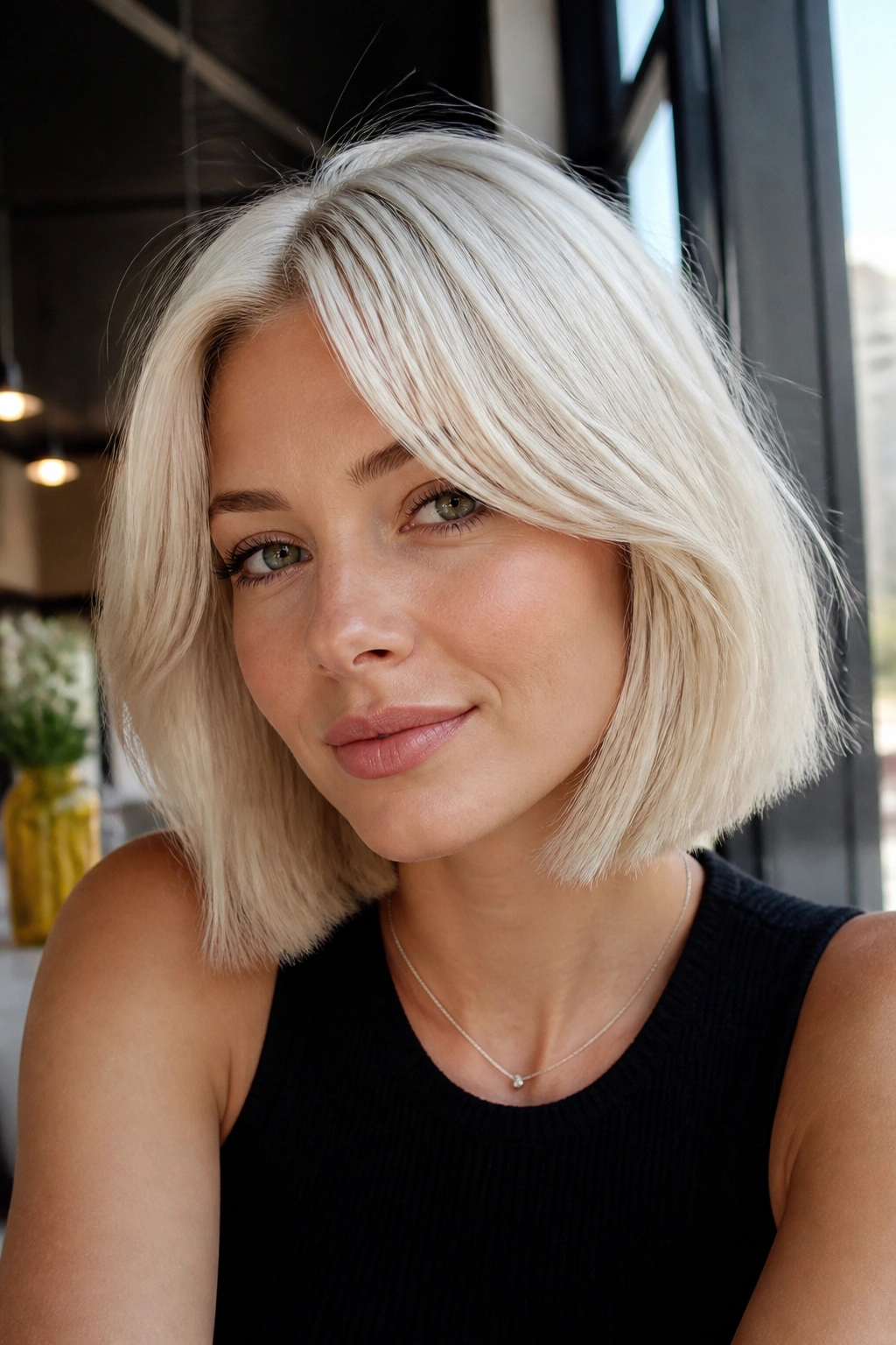 Close-up portrait of a real woman with platinum bob and curtain bangs hairstyle