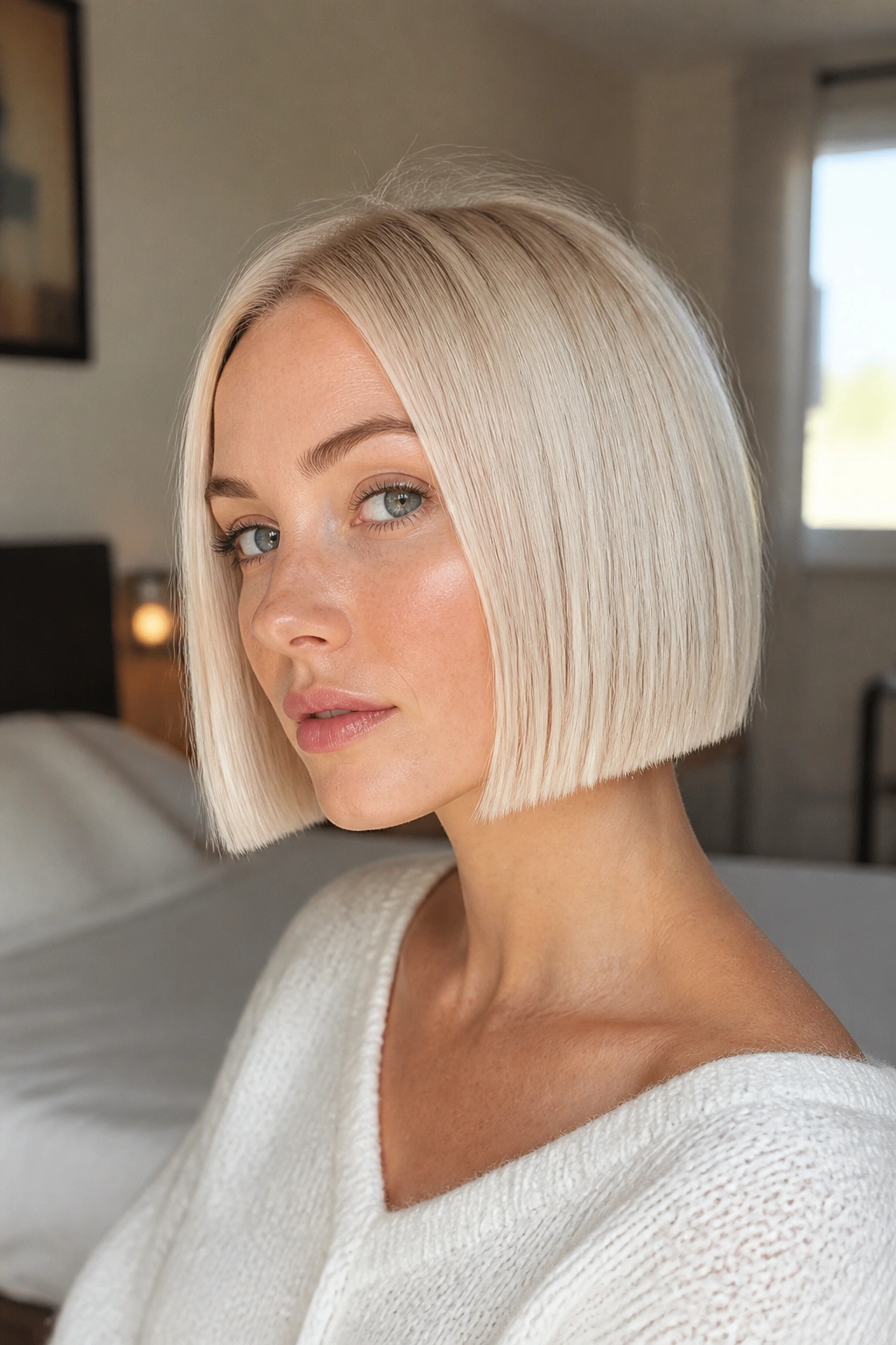Close-up of a real woman with a chin-length blunt platinum bob, sharp edge and smooth texture