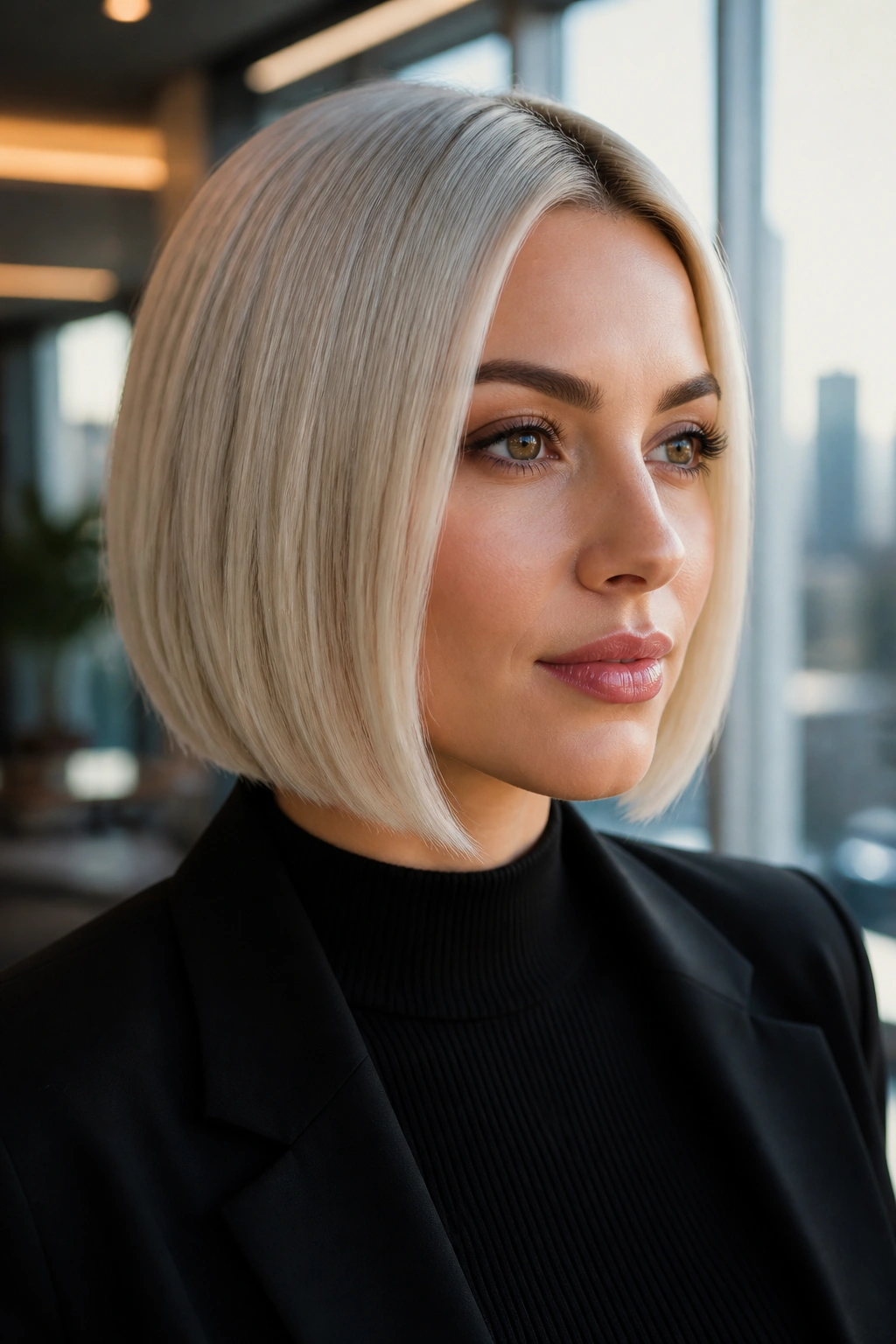 Close-up portrait of a real woman with a sleek platinum bob in a modern office lobby.