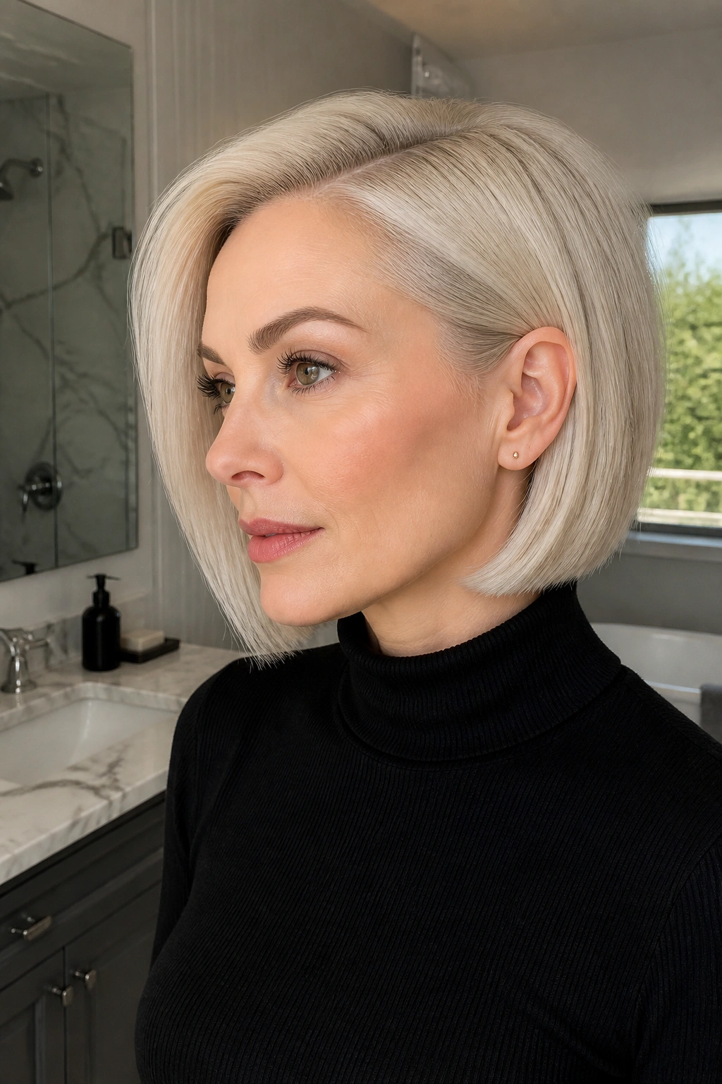 Medium close-up of a real woman with a sleek side-part bob and tucked ends in platinum