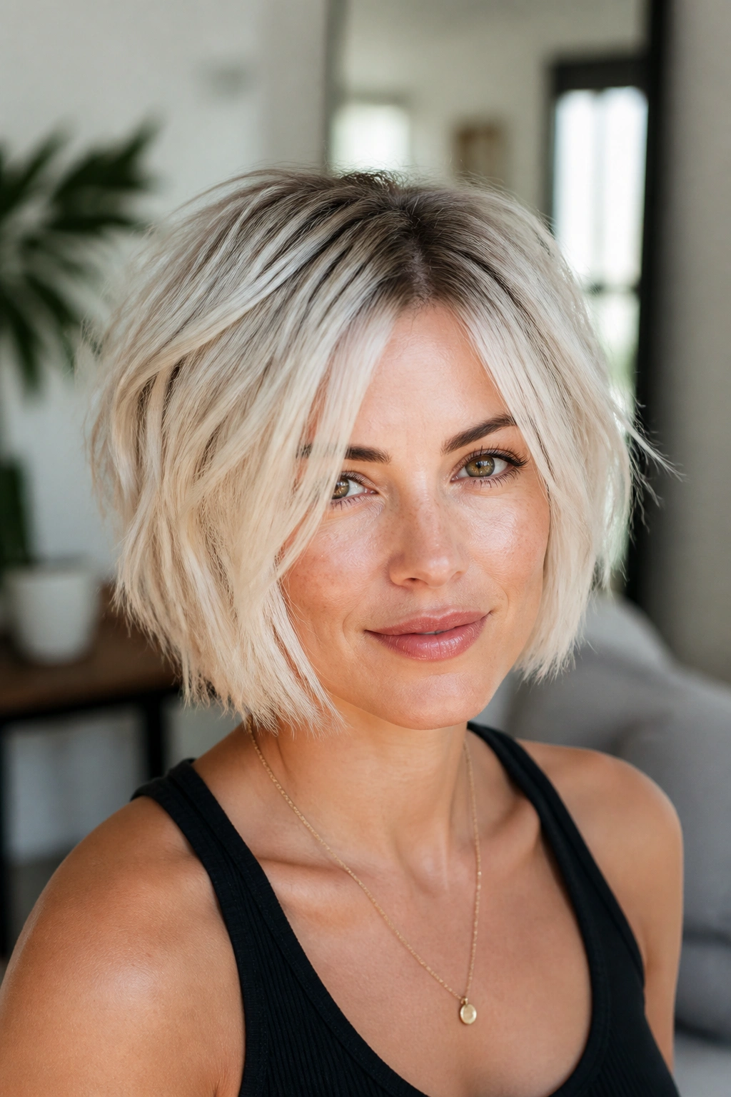 Close-up of a real woman with a platinum piecey bob and root shadow
