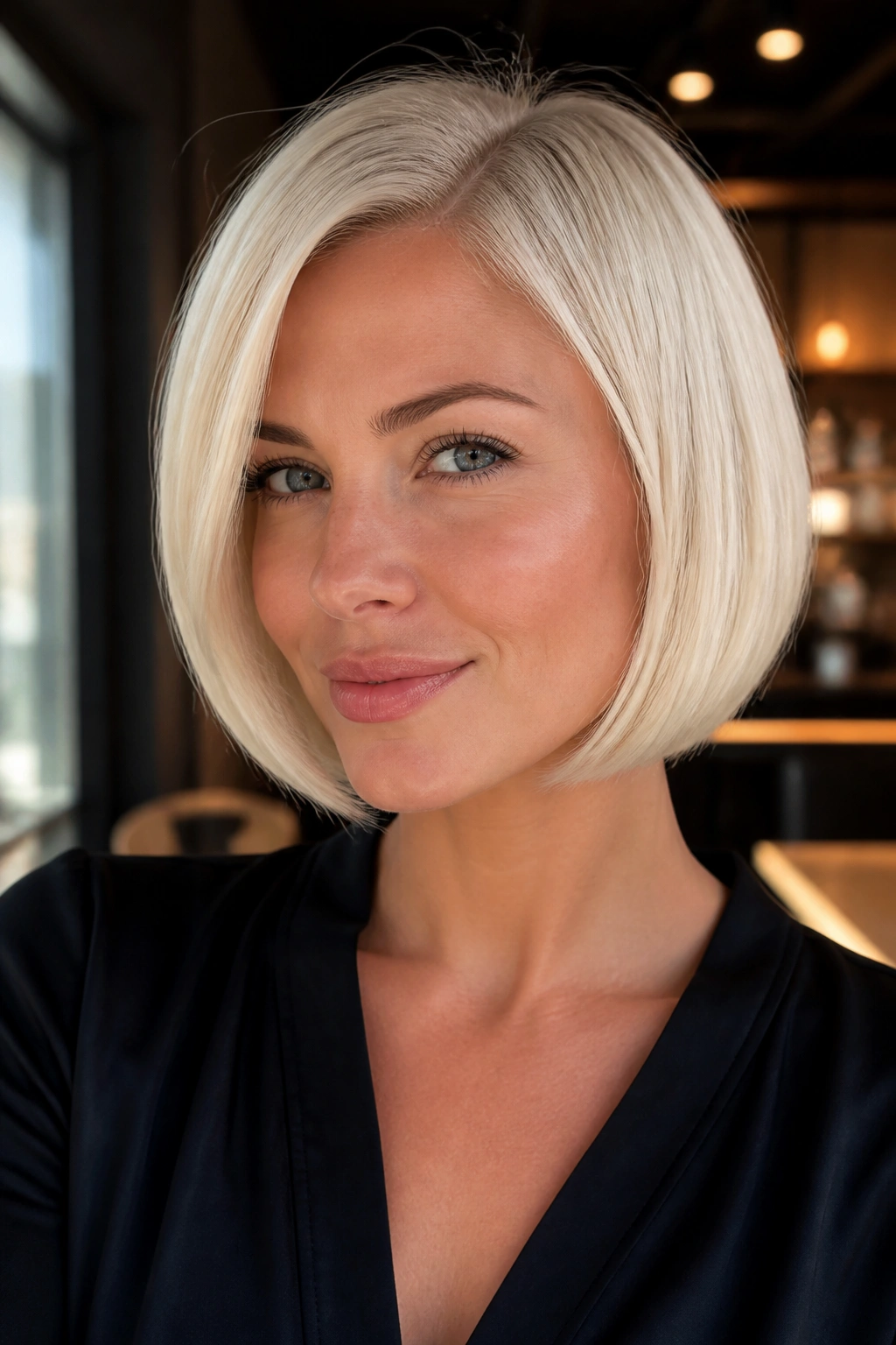 Portrait of a real woman with chin-length platinum bob and tucked ends.