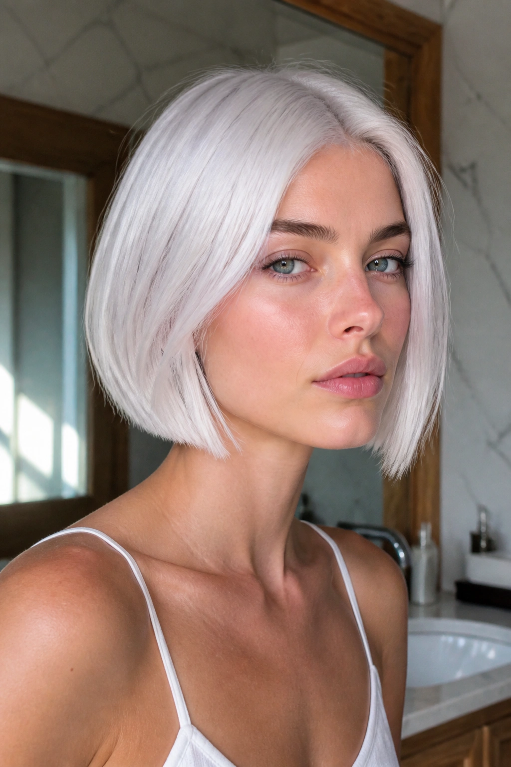 Close-up of a real woman with an icy white platinum bob and violet-ash undertones.