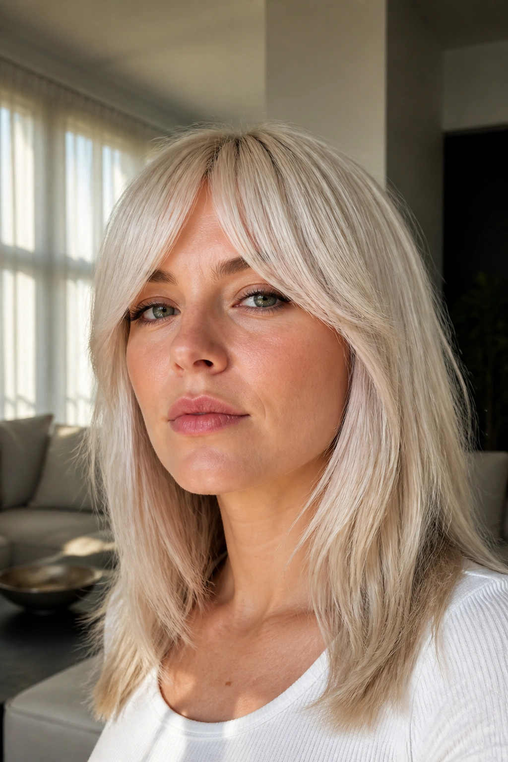 Close-up portrait of a real woman with bottleneck bangs opening at the brow on platinum hair.