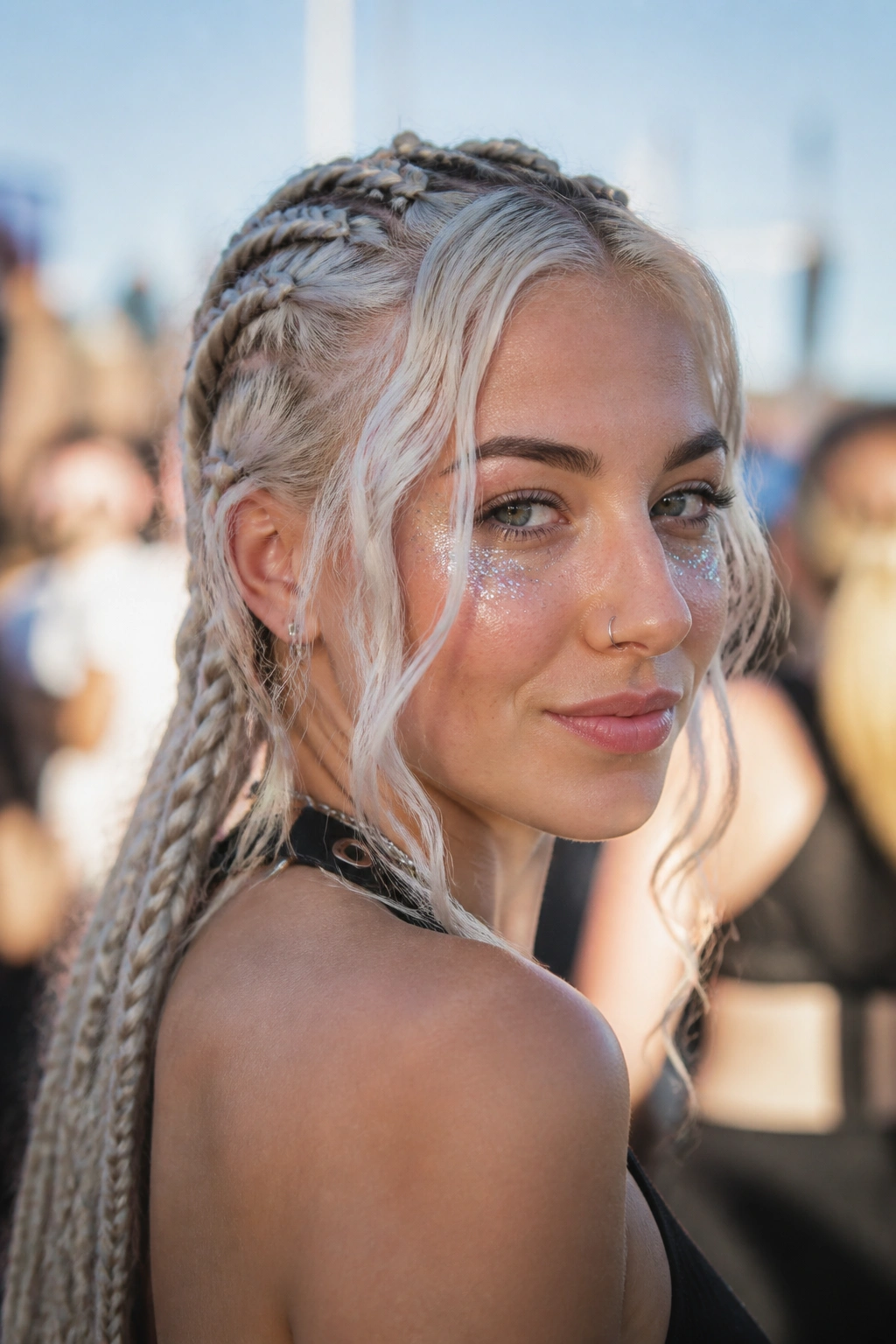Close-up of real woman with snowy platinum braids and tendrils