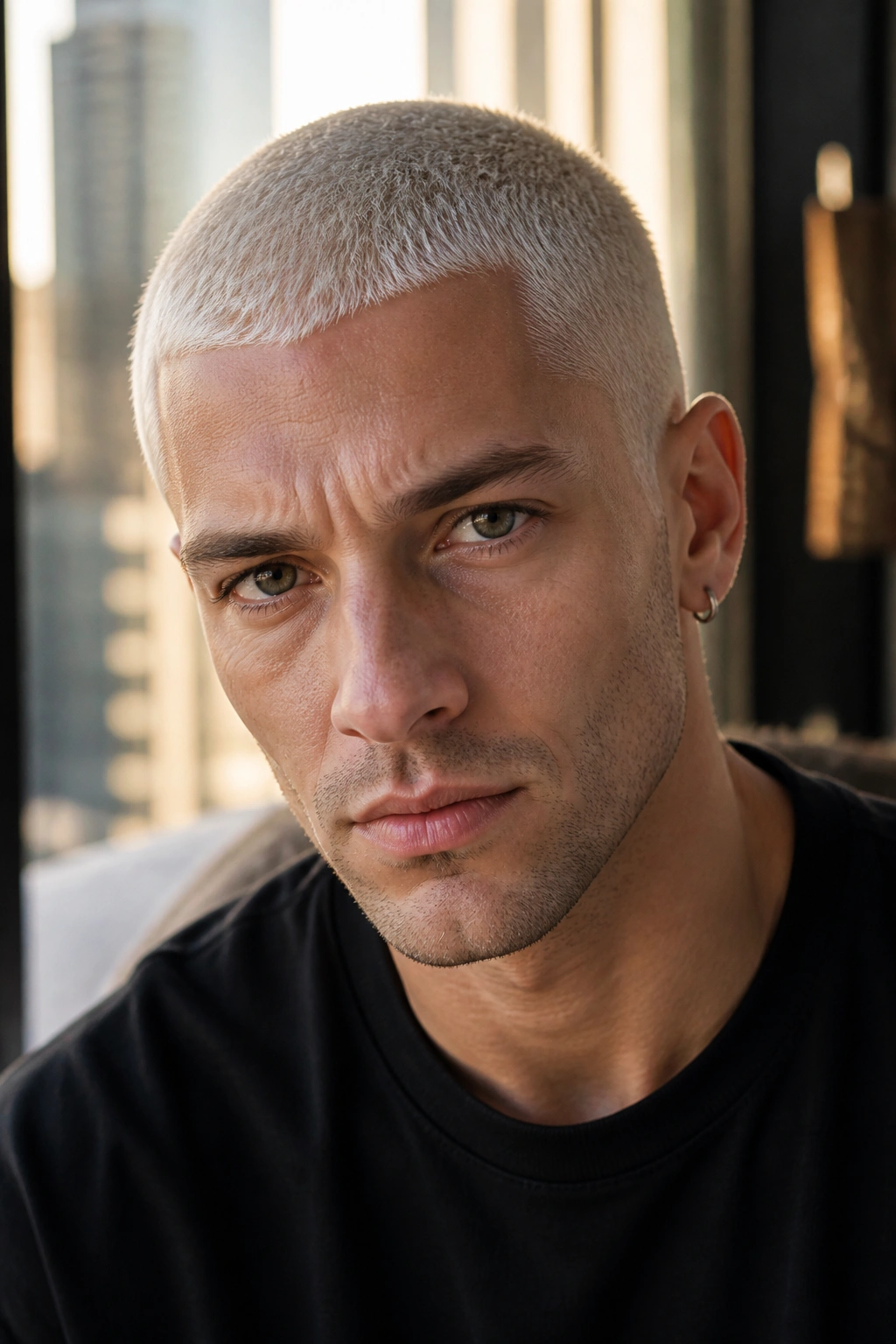 Close-up portrait of a man with a platinum buzz cut in warm window light
