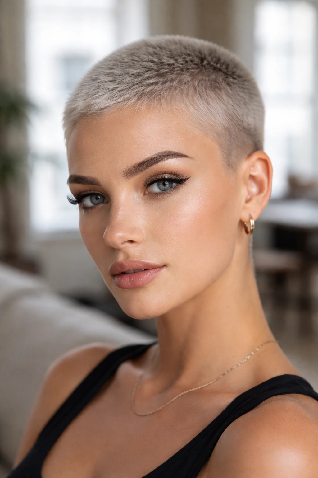 Real person with platinum buzz cut and visible shadow root