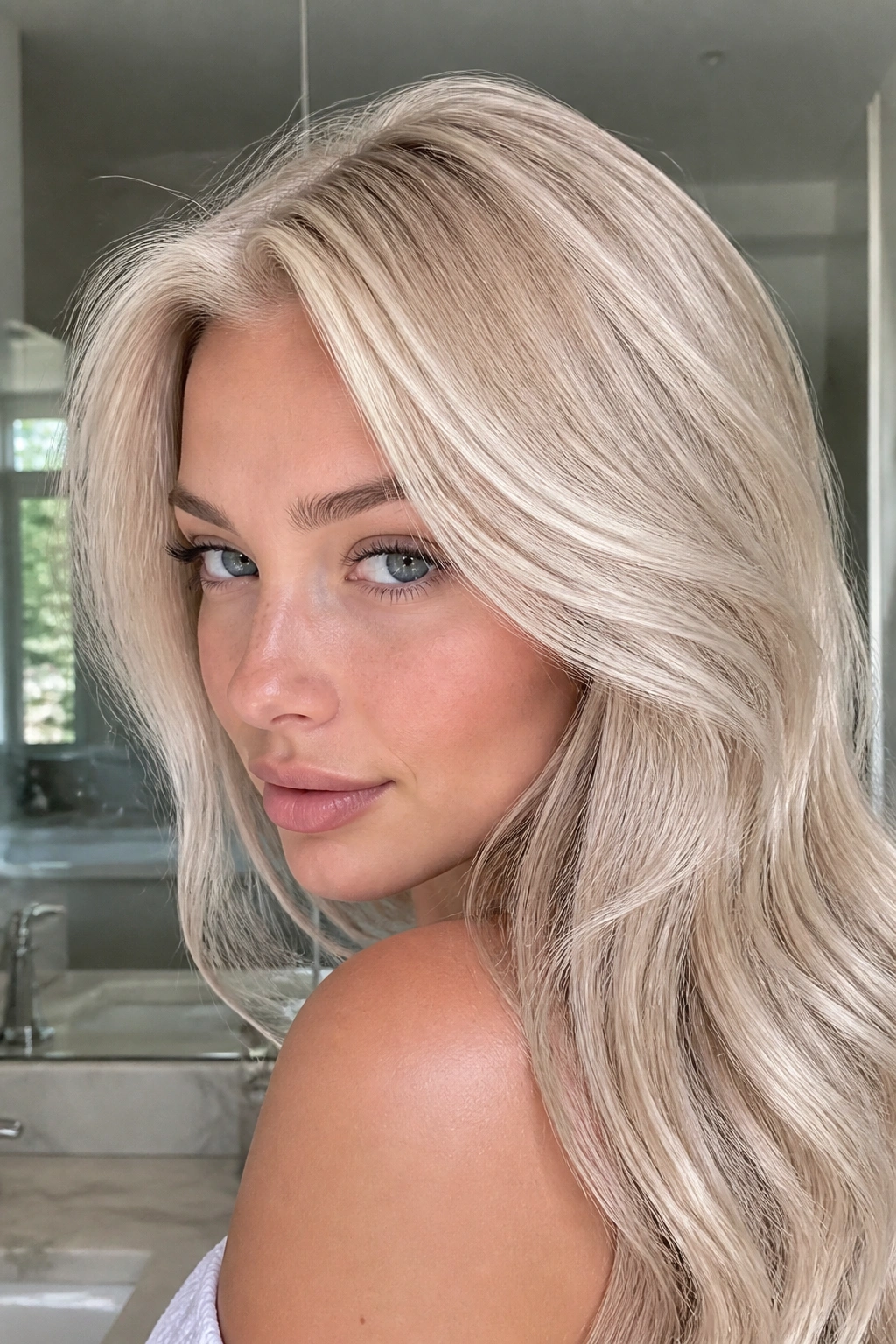 Close-up of a real woman with platinum champagne hair with beige trace