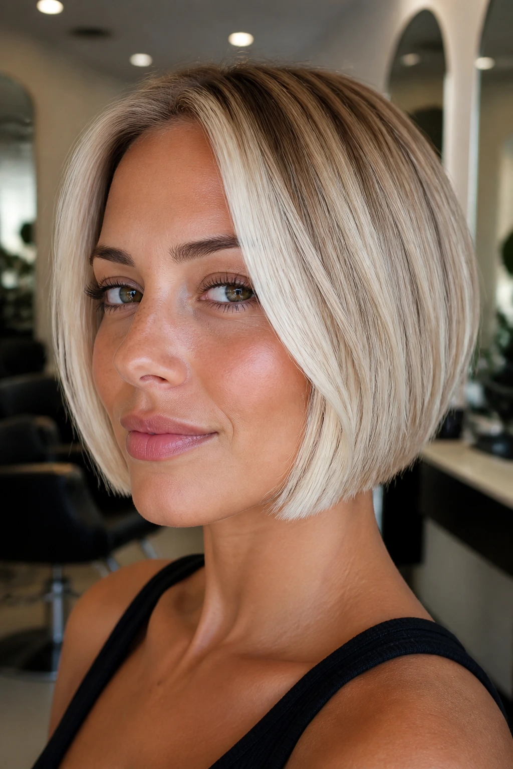 Close-up of a real woman with a short blonde bob showing a platinum cheekbone money piece.