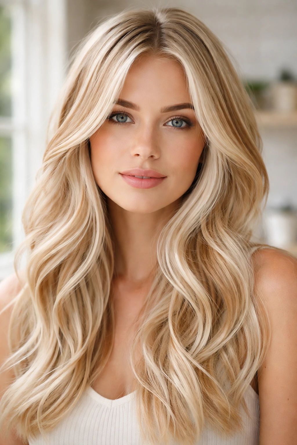 Close-up of a real woman with platinum hair and cinnamon highlights in a bright bathroom