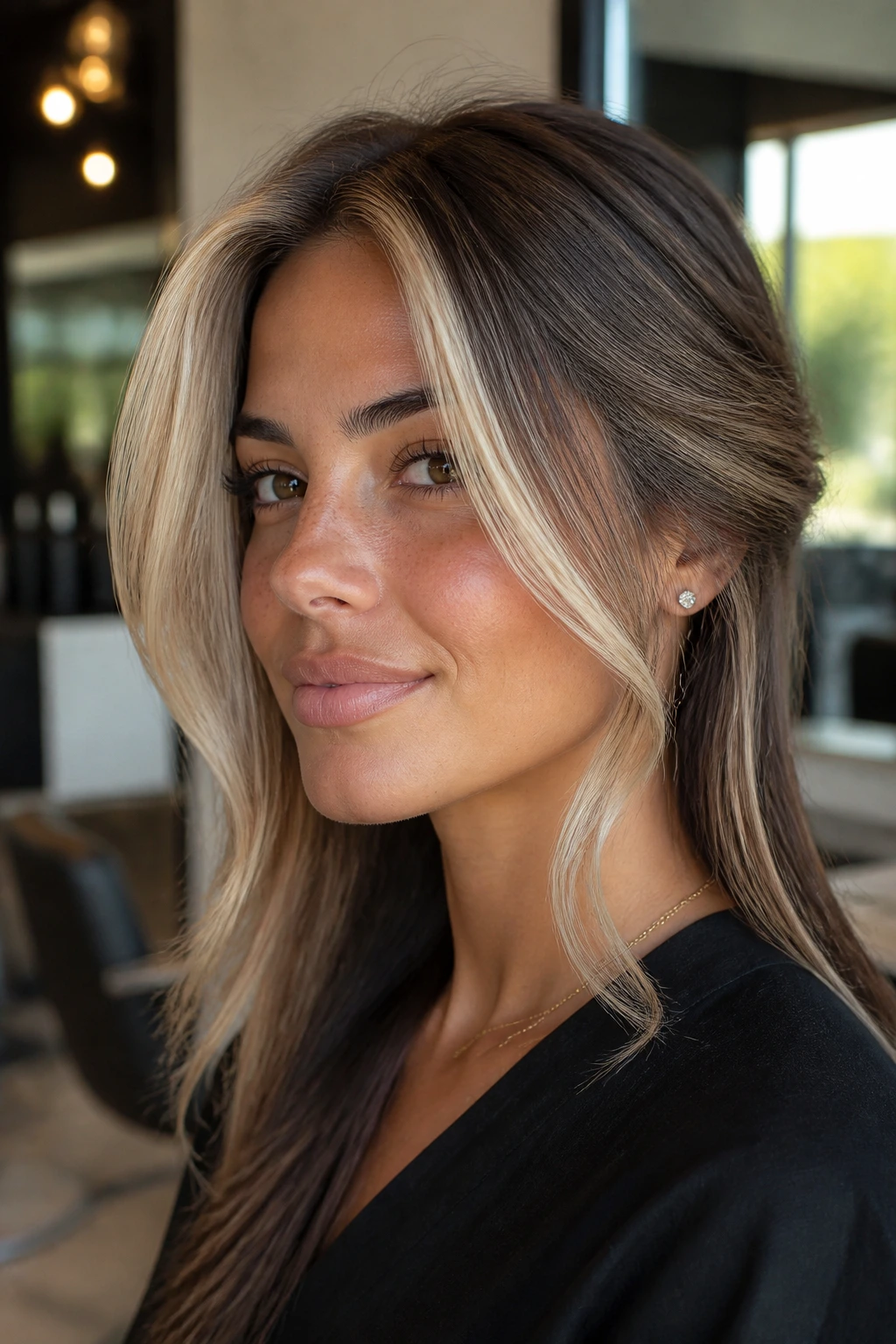 Close-up of a woman with platinum contour pieces framing her face along temples and jawline