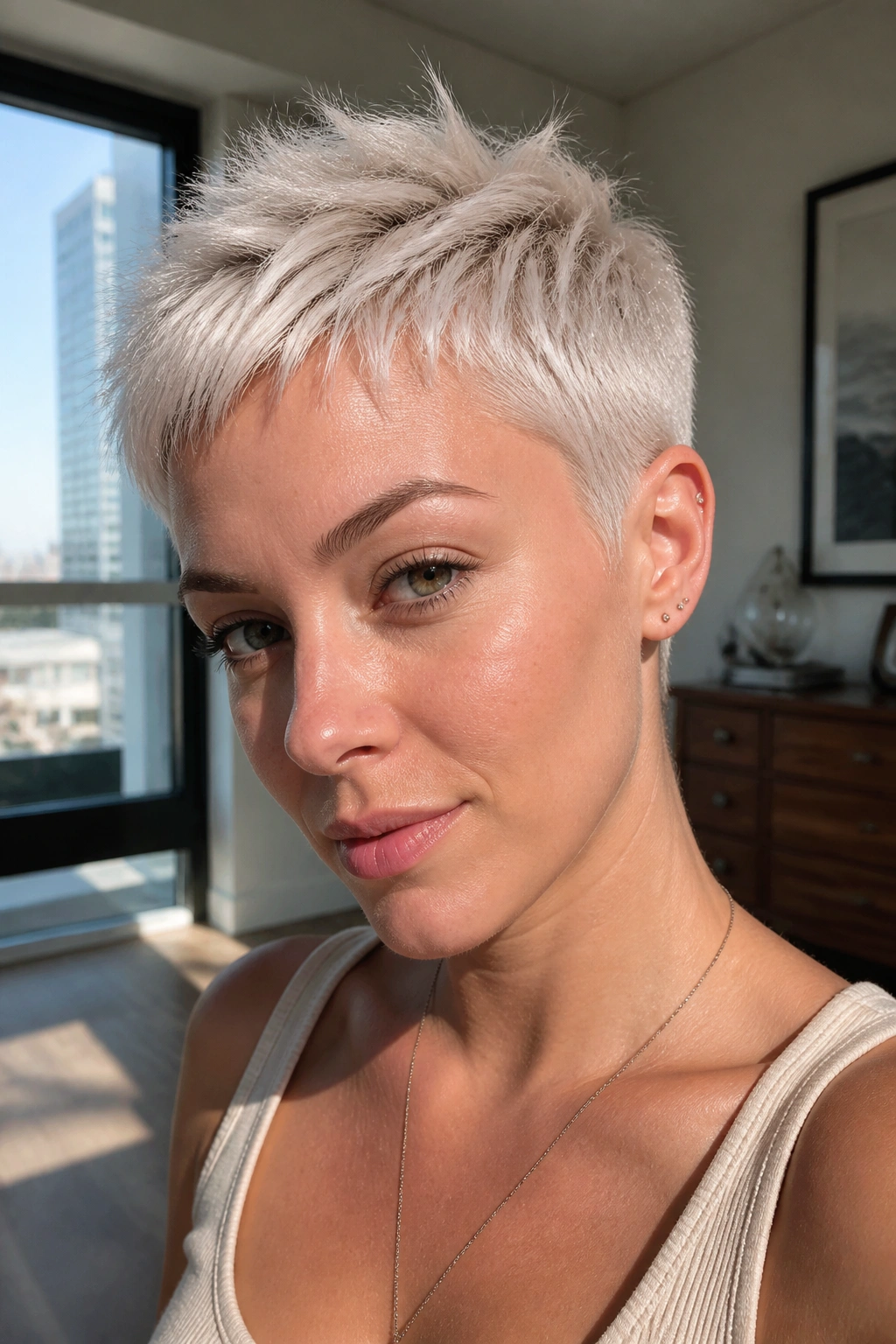 Close-up portrait of a real woman with an ultra-light platinum crop and textured top.