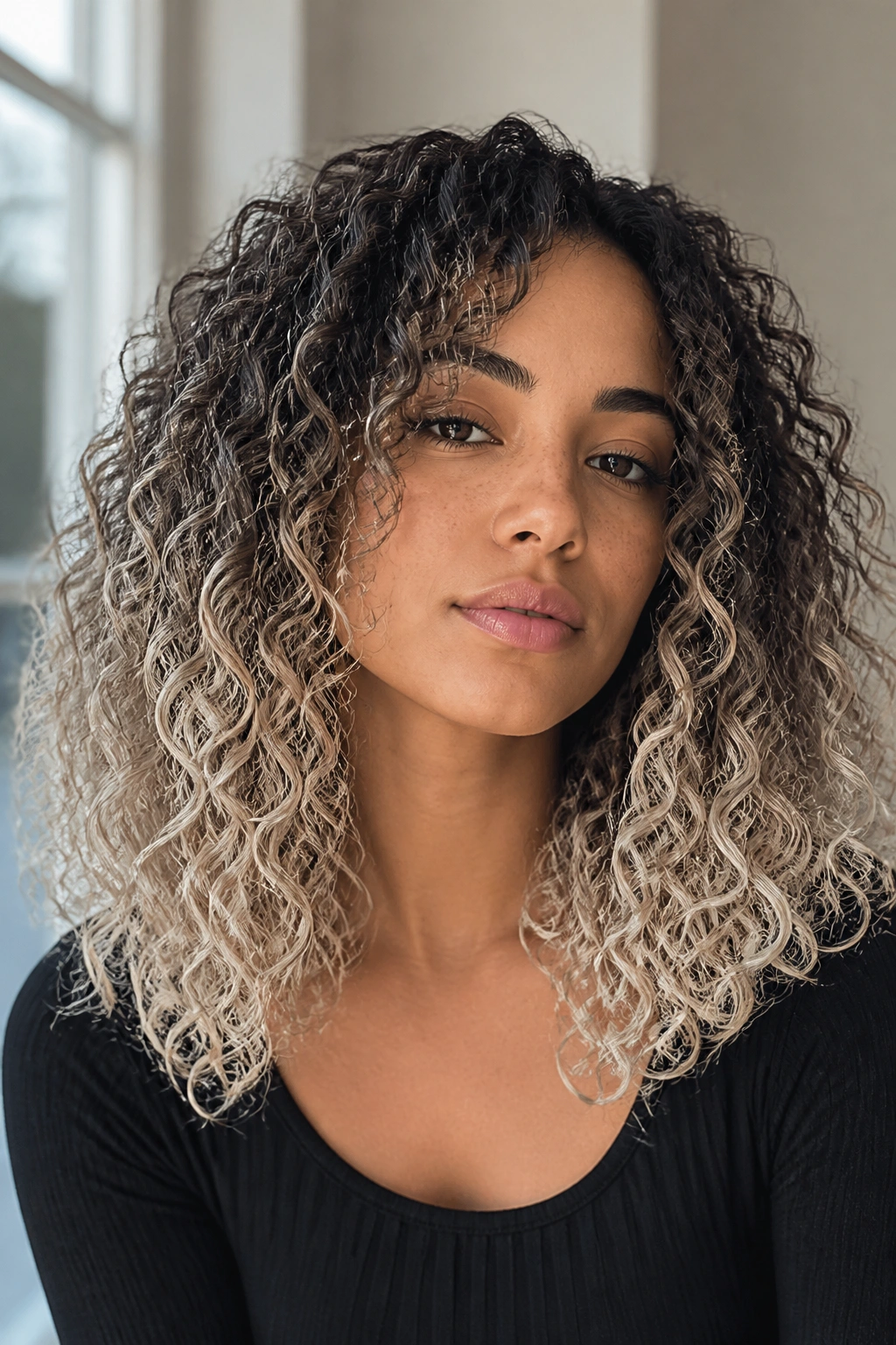 Close-up of a real person with curly hair showing icy platinum tips and dark roots.