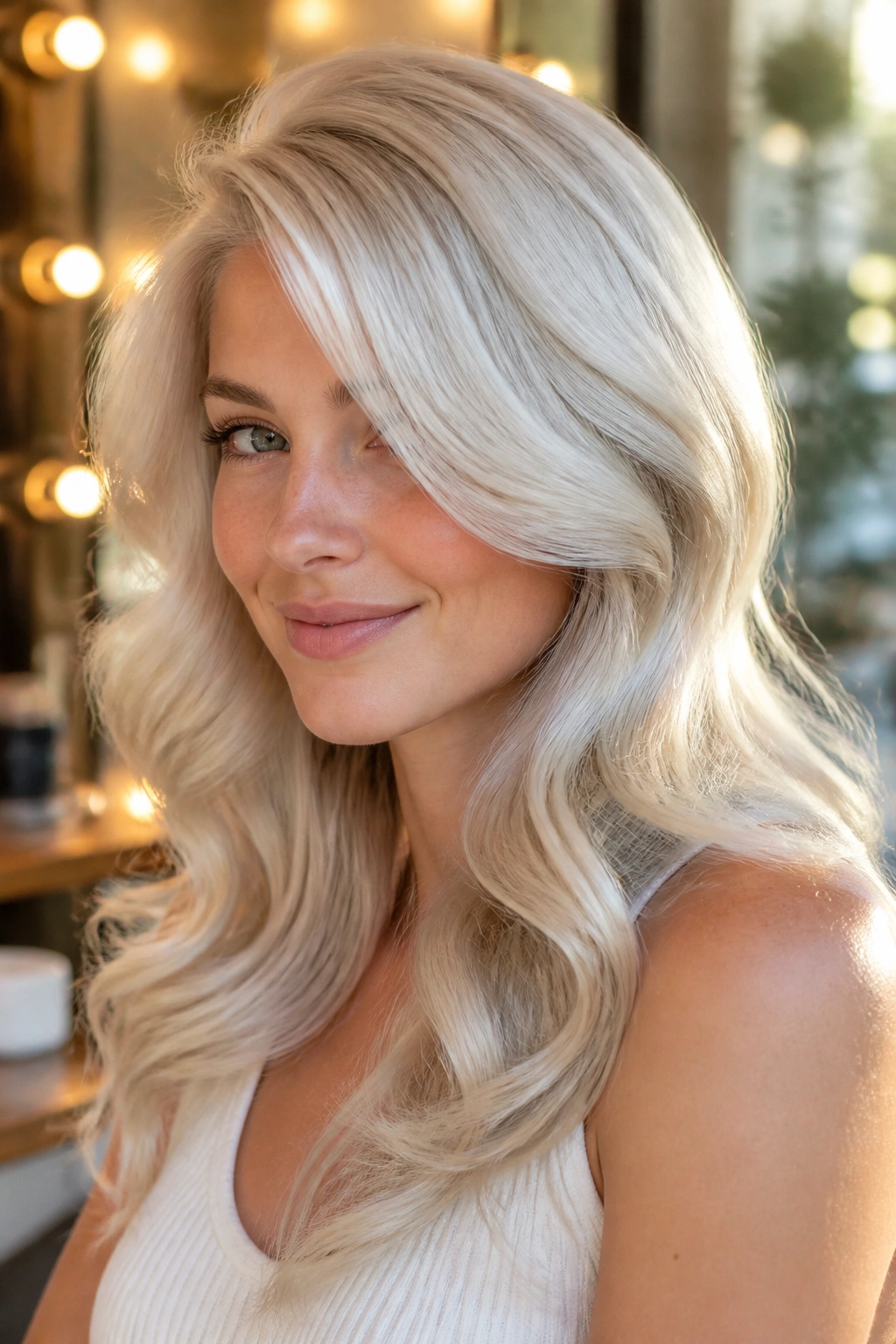 Close-up portrait of a real woman with glossy platinum curls and a side sweep.