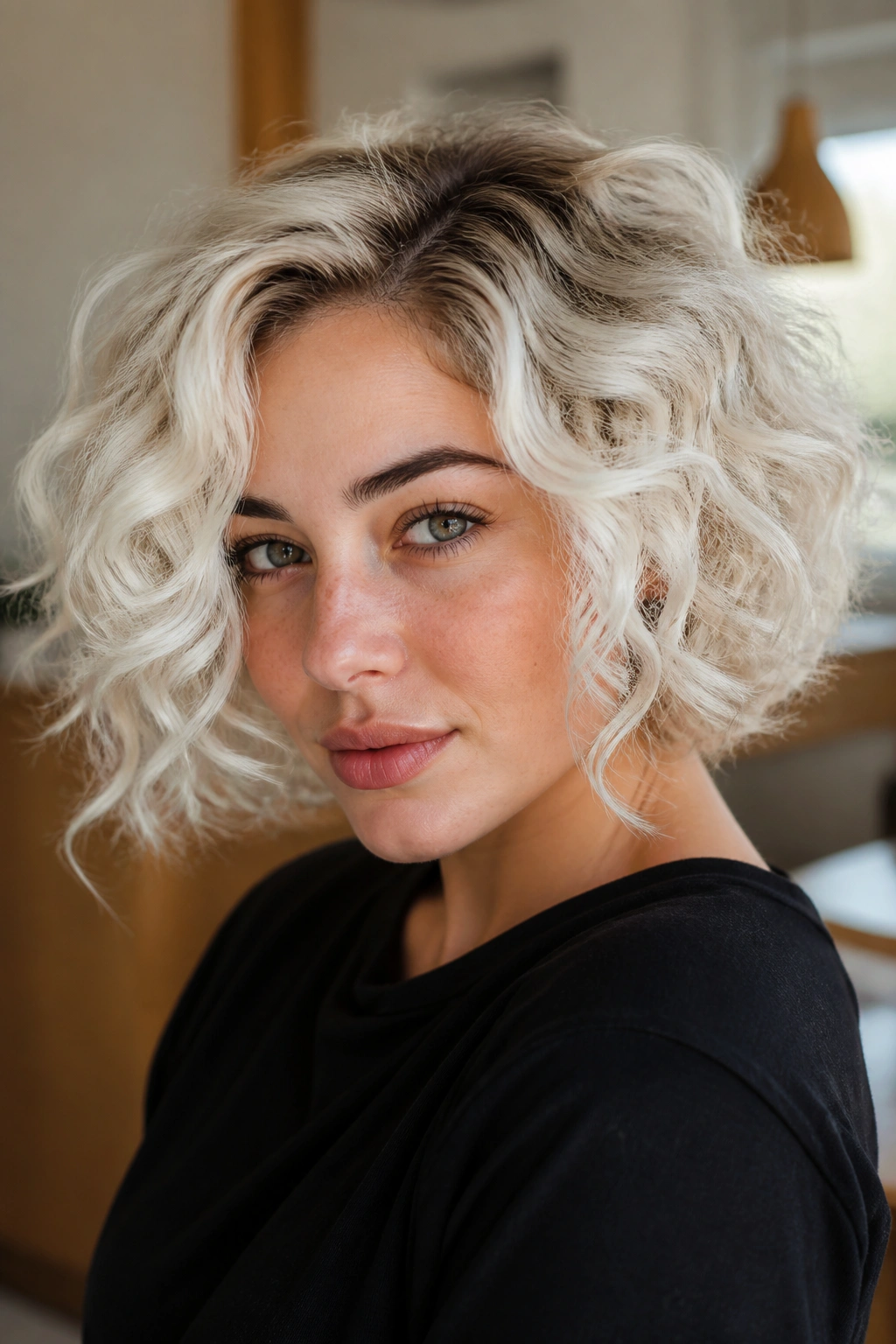 Real woman with platinum curly bob and shadow root in a bright interior